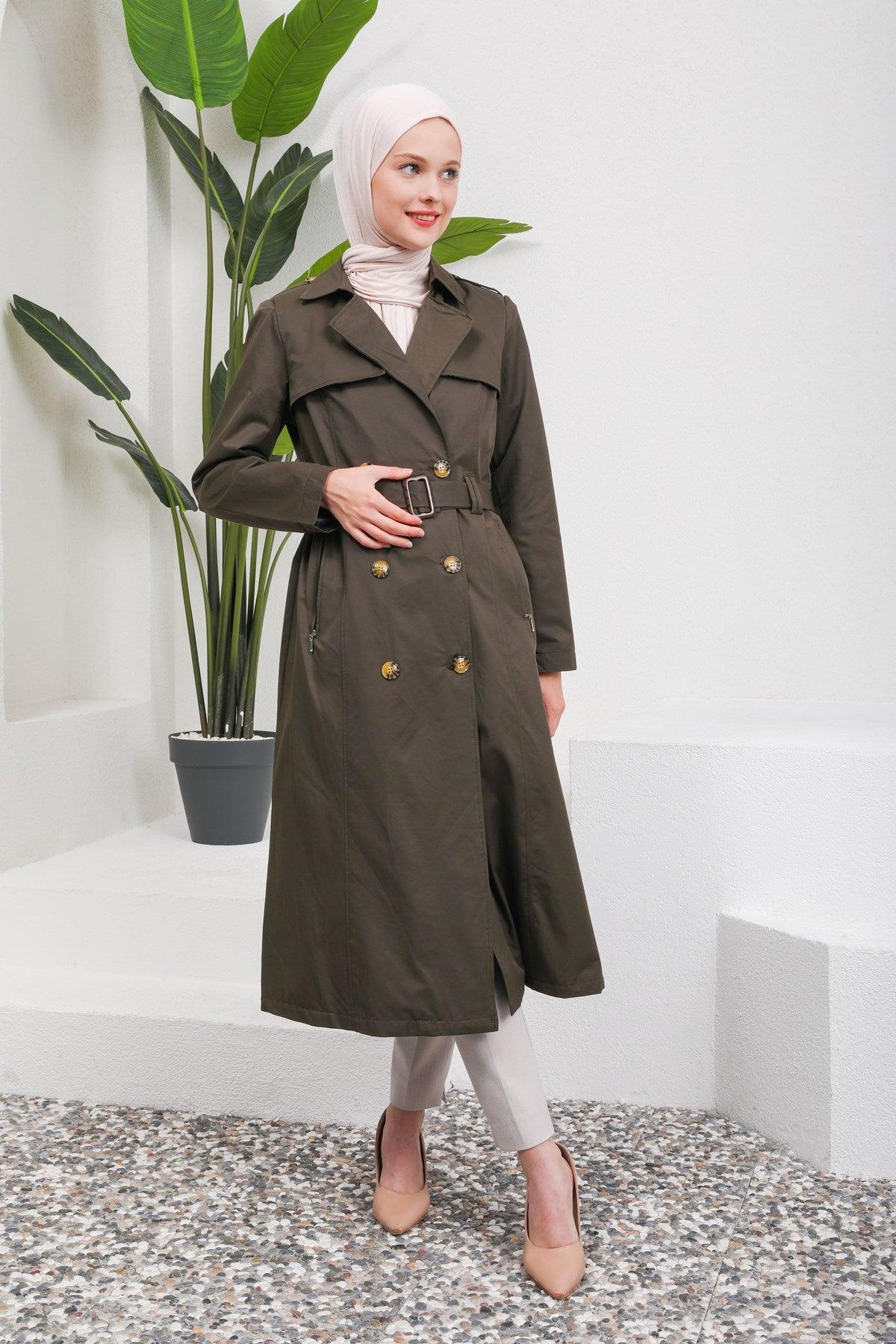 Düğme Detaylı Kuşaklı Trençkot Haki | 16004-9