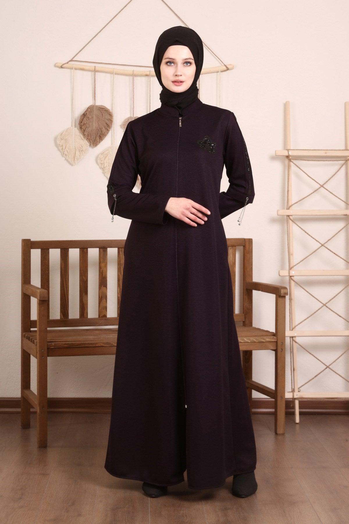 Yaprak Desenli Kışlık Ferace Mürdüm | K2076-8