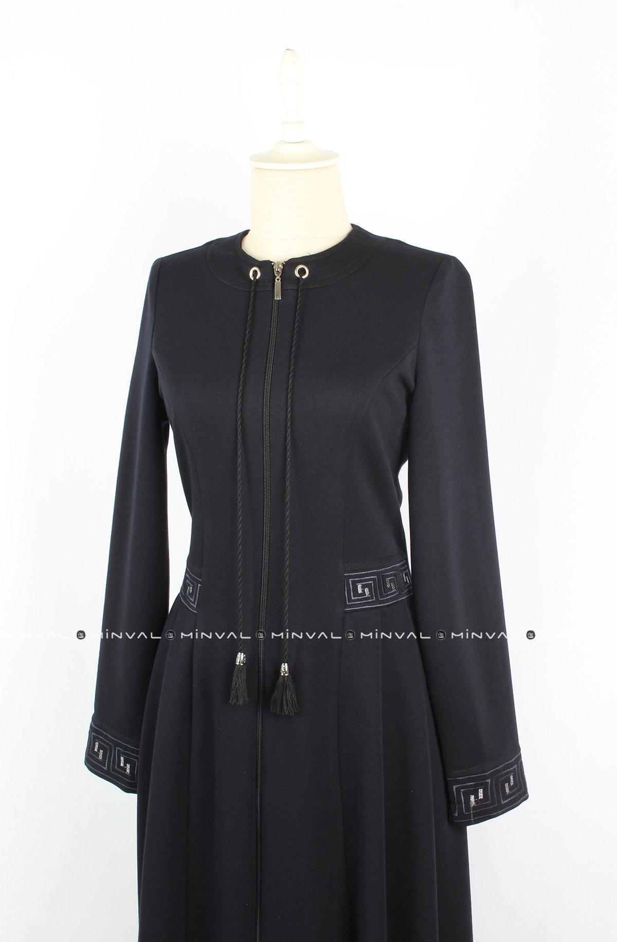 Beli ve Bilekleri Nakışlı Kışlık Ferace Lacivert | 2014K-5 - MODALALE