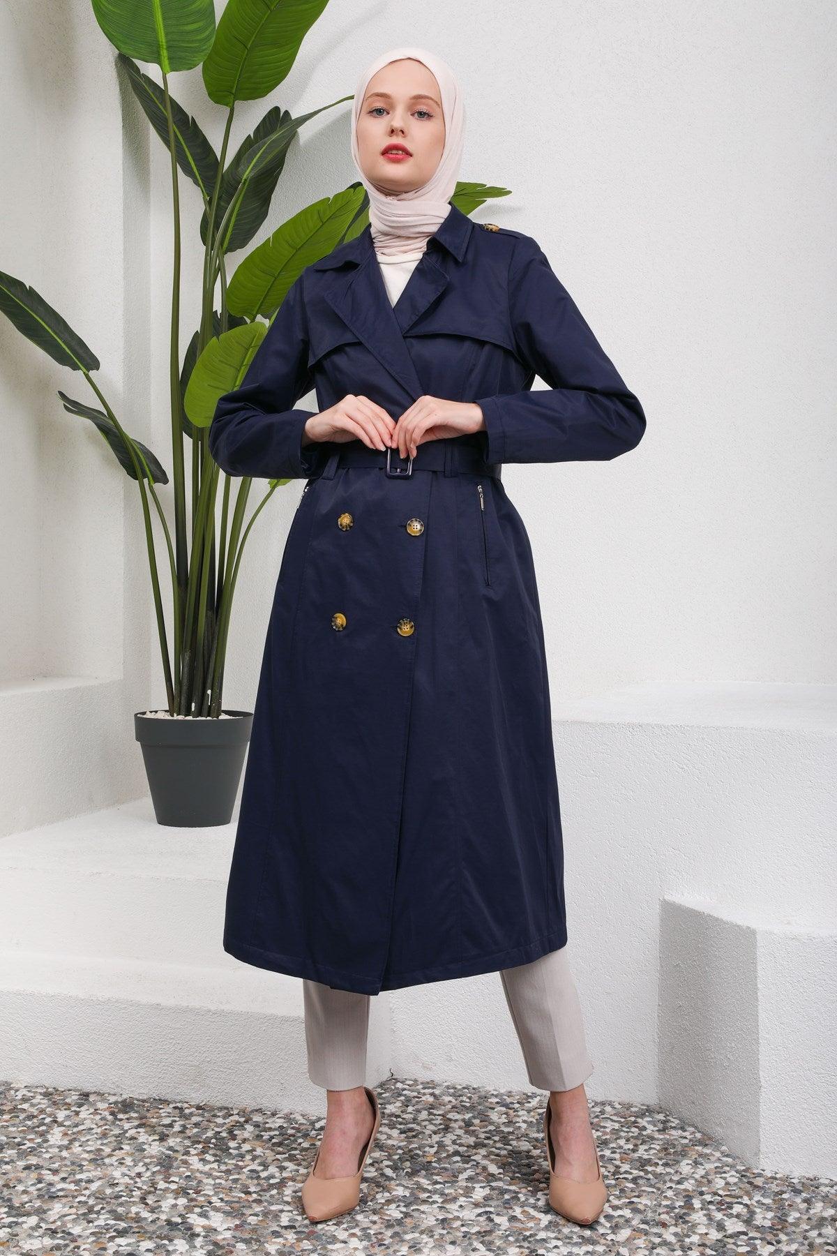 Düğme Detaylı Kuşaklı Trençkot Lacivert | 16004-5
