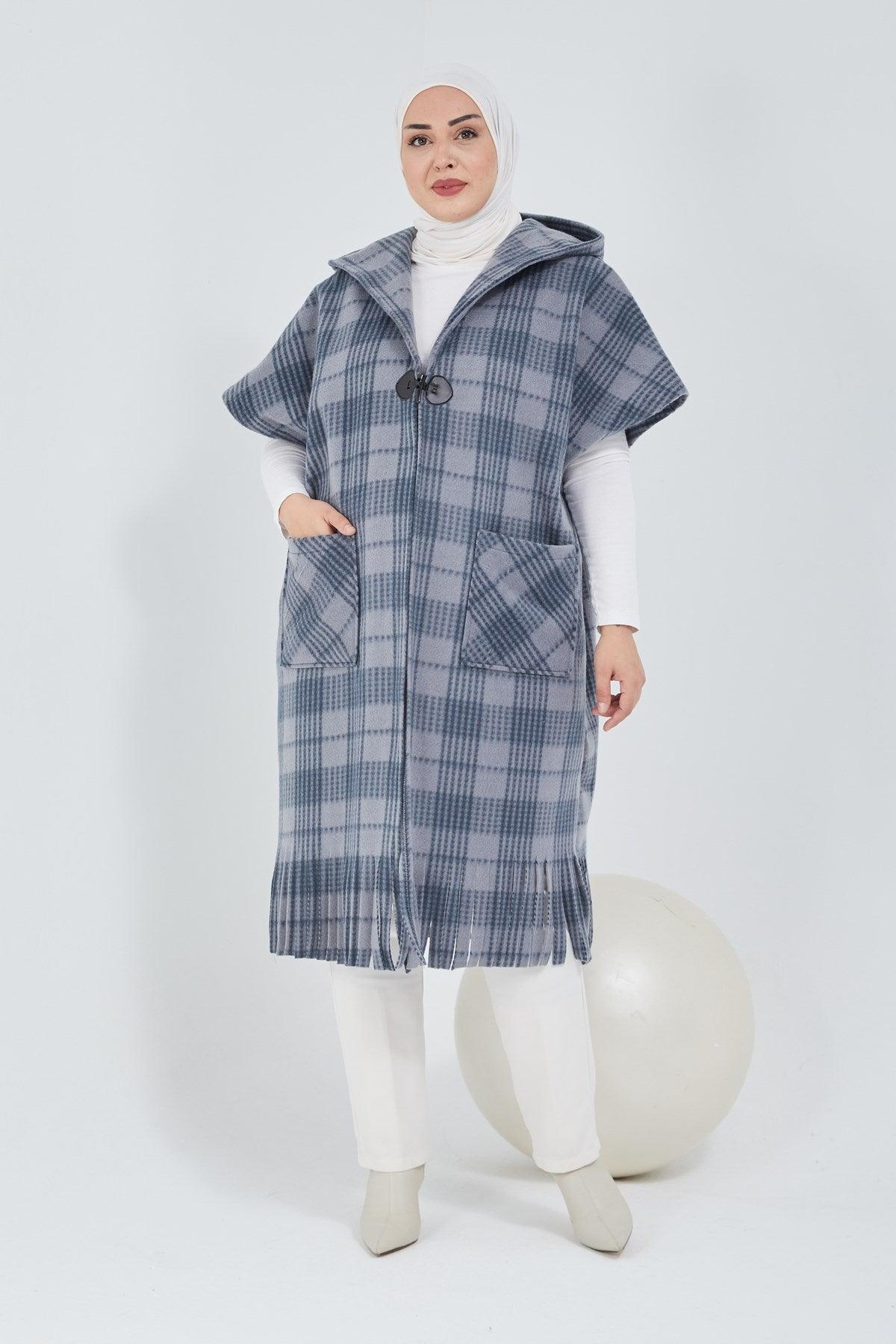 Standart Kalıp Ekoseli Panço Gri|  9013-24