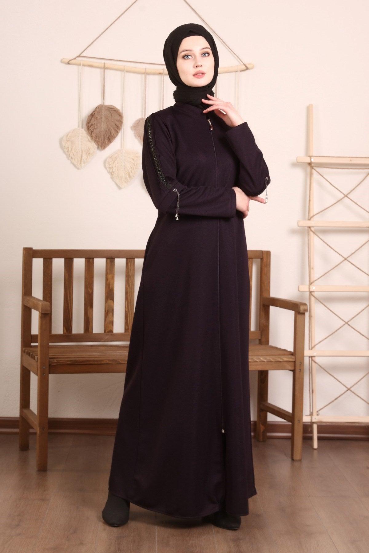 Yaprak Desenli Kışlık Ferace Mürdüm | K2076-8