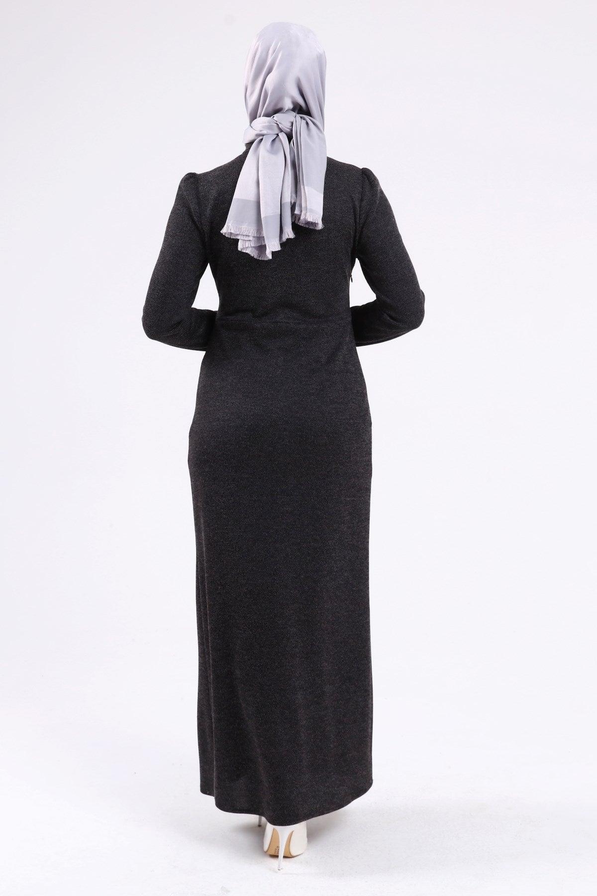 Düğme Detaylı Tesettür Elbise Siyah | K3023-1
