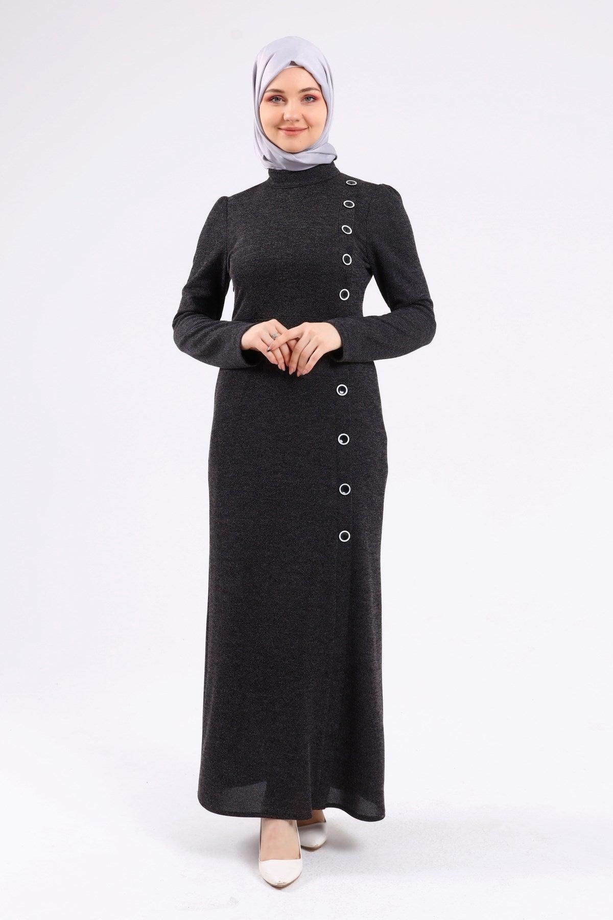 Düğme Detaylı Tesettür Elbise Siyah | K3023-1