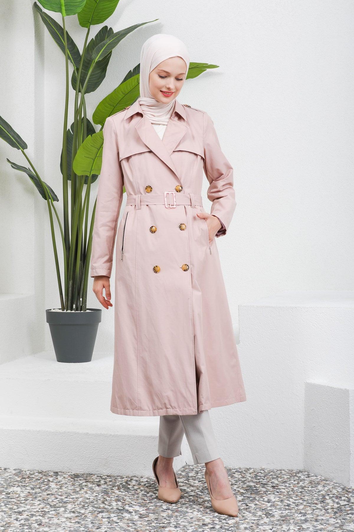 Düğme Detaylı Kuşaklı Trençkot Pudra | 16004-3
