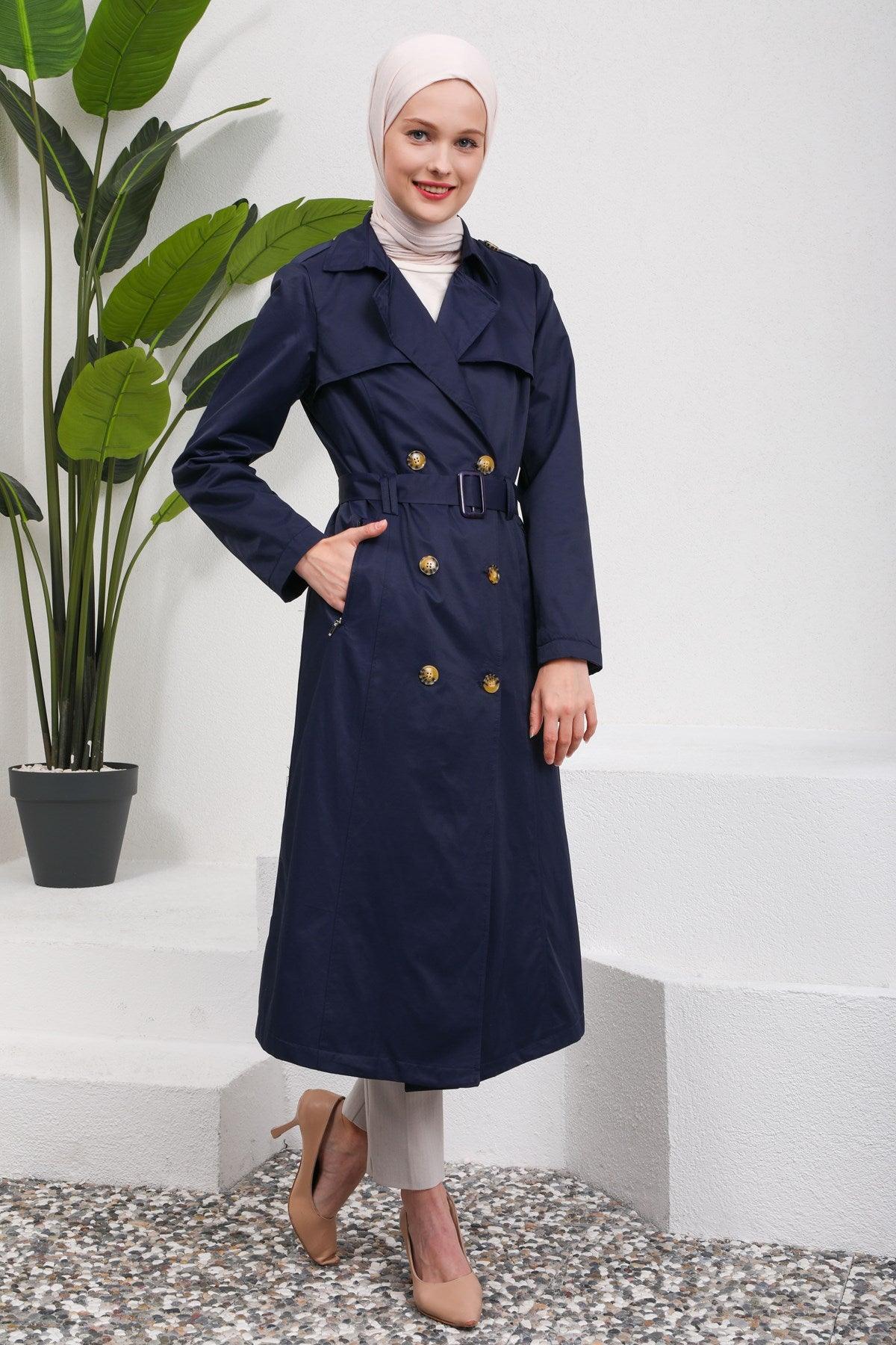 Düğme Detaylı Kuşaklı Trençkot Lacivert | 16004-5