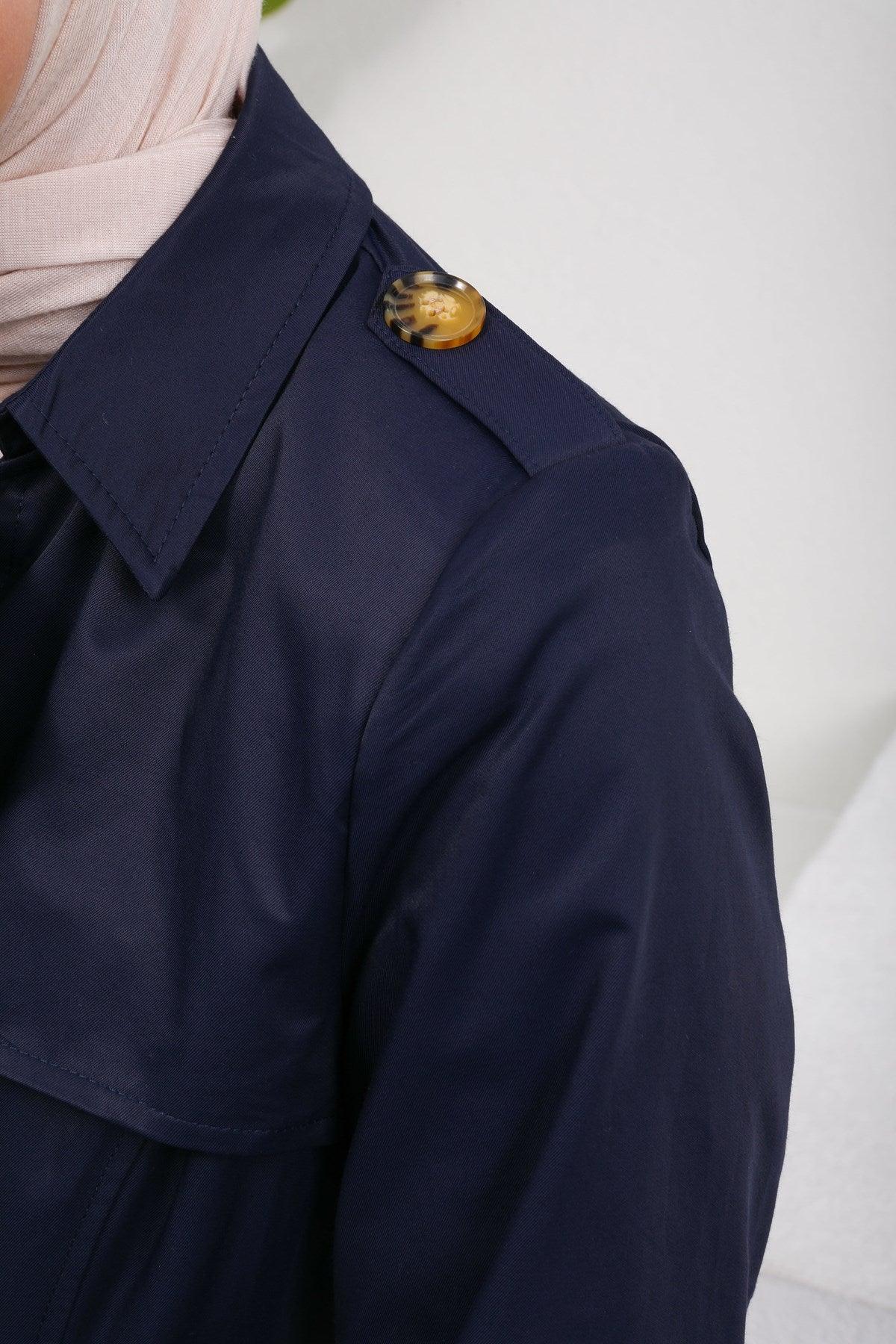 Düğme Detaylı Kuşaklı Trençkot Lacivert | 16004-5