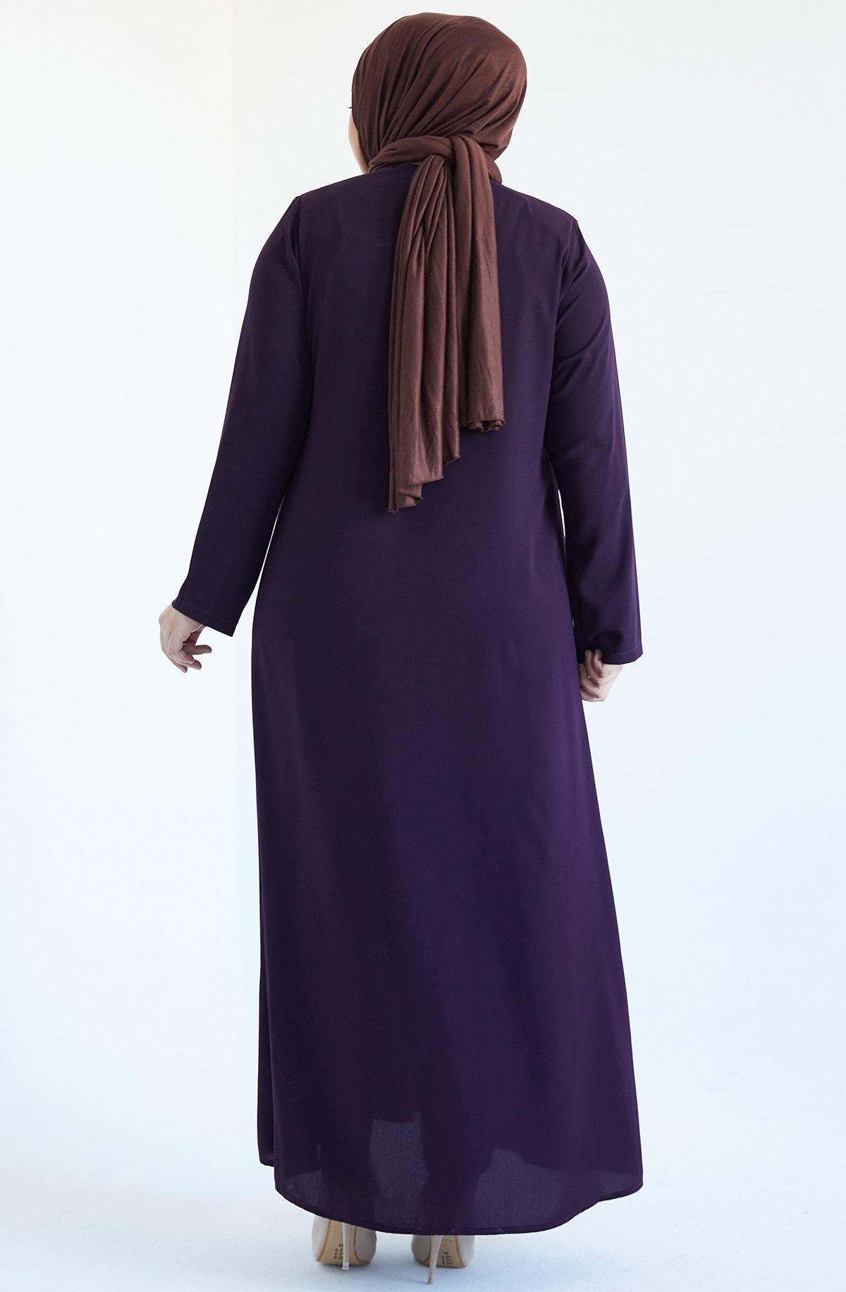 Yakası ve Cepleri Nakışlı Büyük Beden Ferace Mürdüm | 2041-8 - Modalale.com