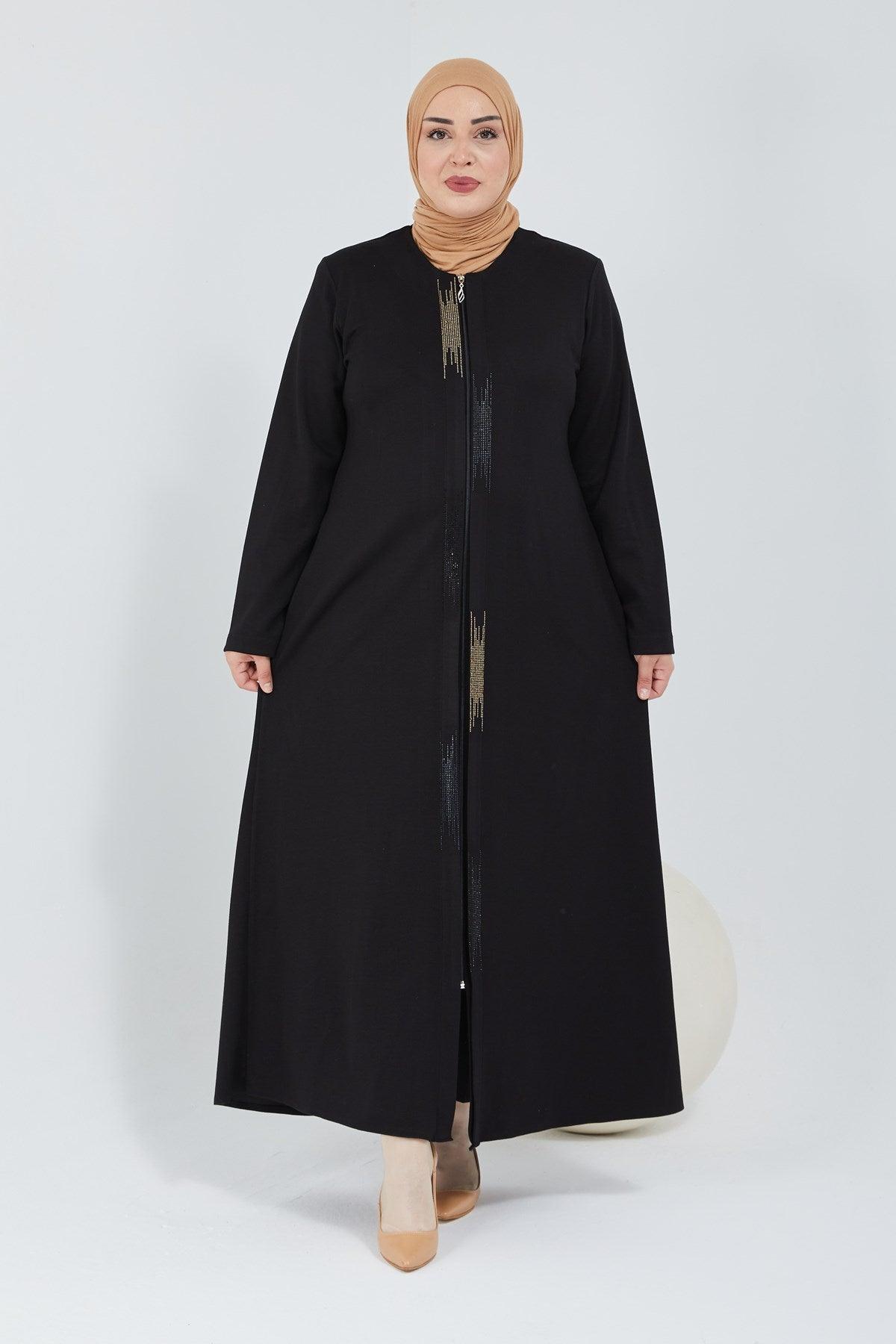  Önü Çift Patlı Taş Detaylı Büyük Beden Ferace Kışlık / Mevsimlik Siyah| K2066-1-1