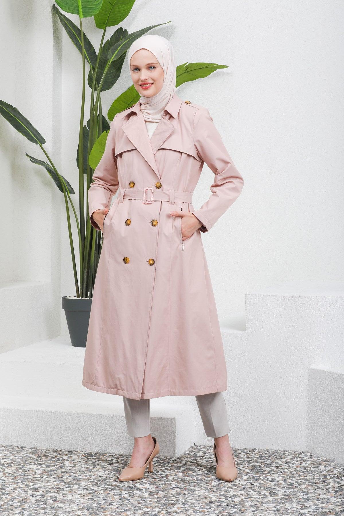 Düğme Detaylı Kuşaklı Trençkot Pudra | 16004-3