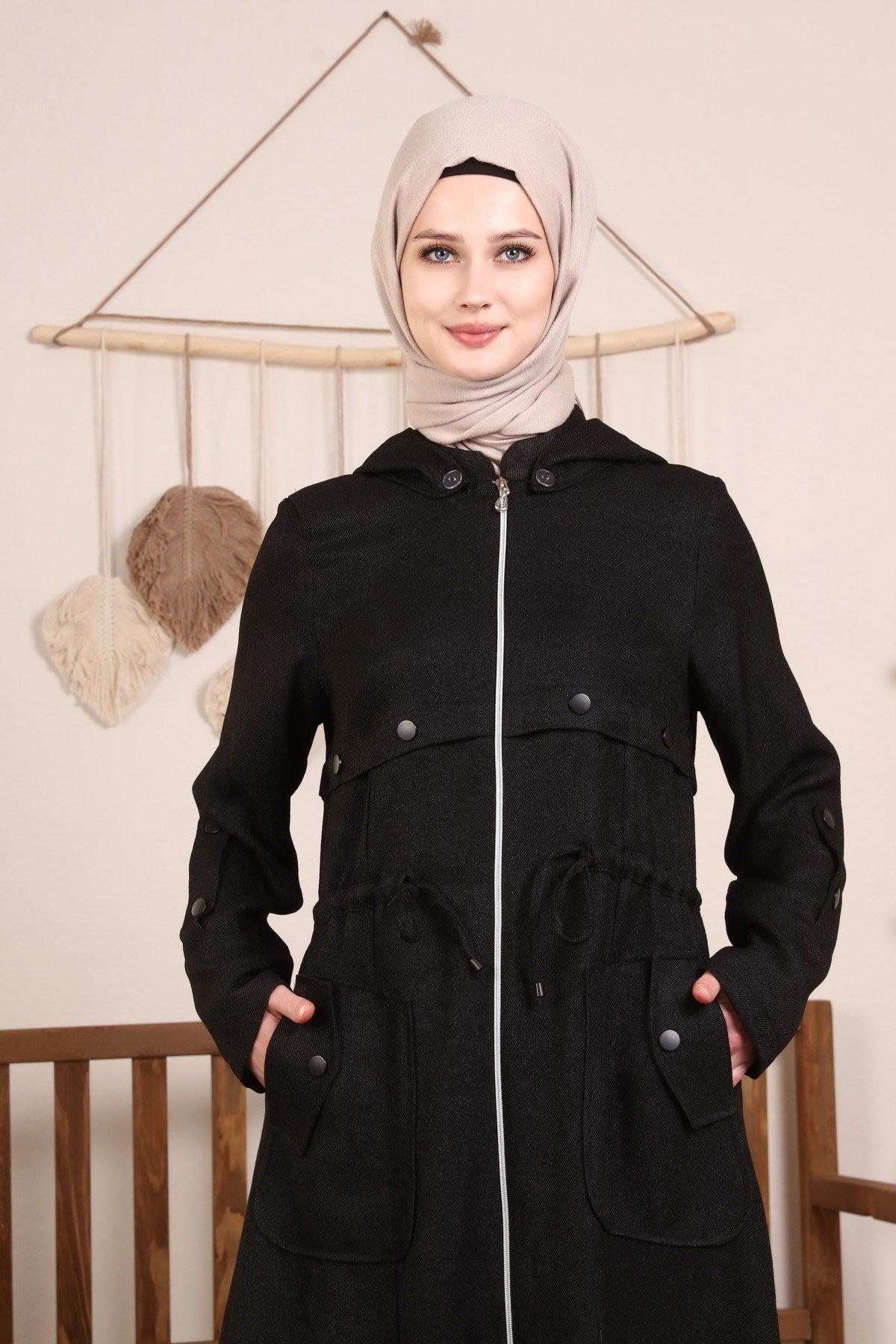 Kapşonlu Ve Kulgözü Detaylı Kap Siyah | 9012-1