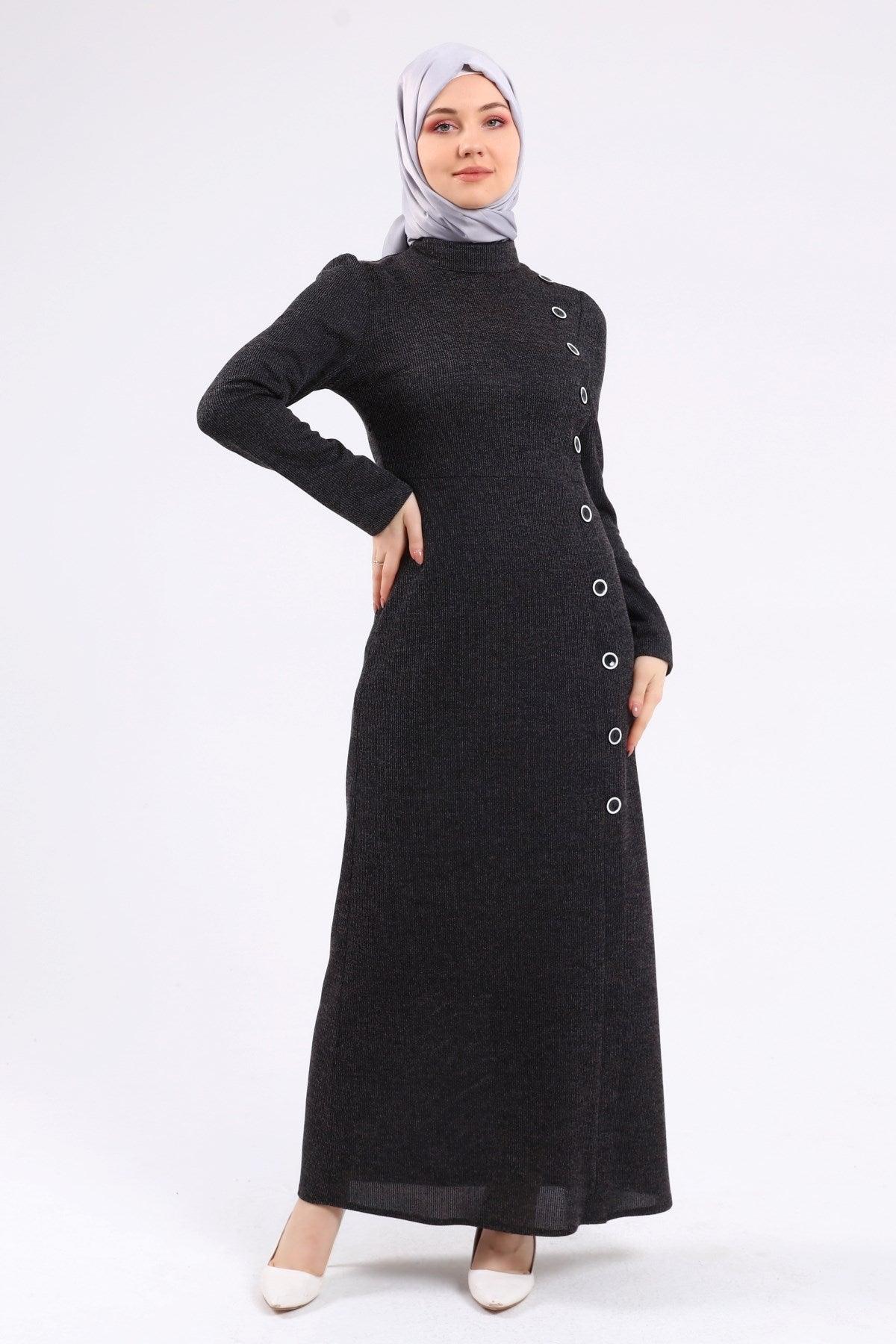 Düğme Detaylı Tesettür Elbise Siyah | K3023-1