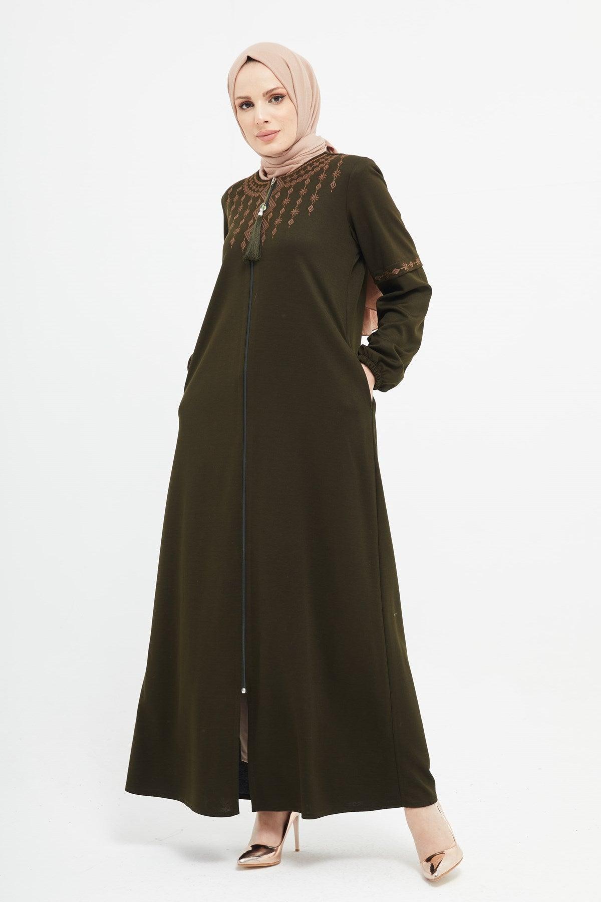 Önü Ve Dirsekleri Nakışlı Kışlık Ferace Haki | K2051-1-9