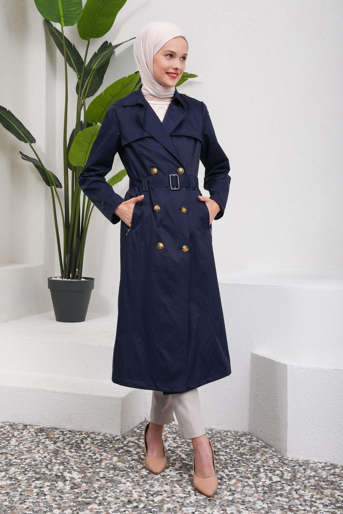 Düğme Detaylı Kuşaklı Trençkot Lacivert | 16004-5