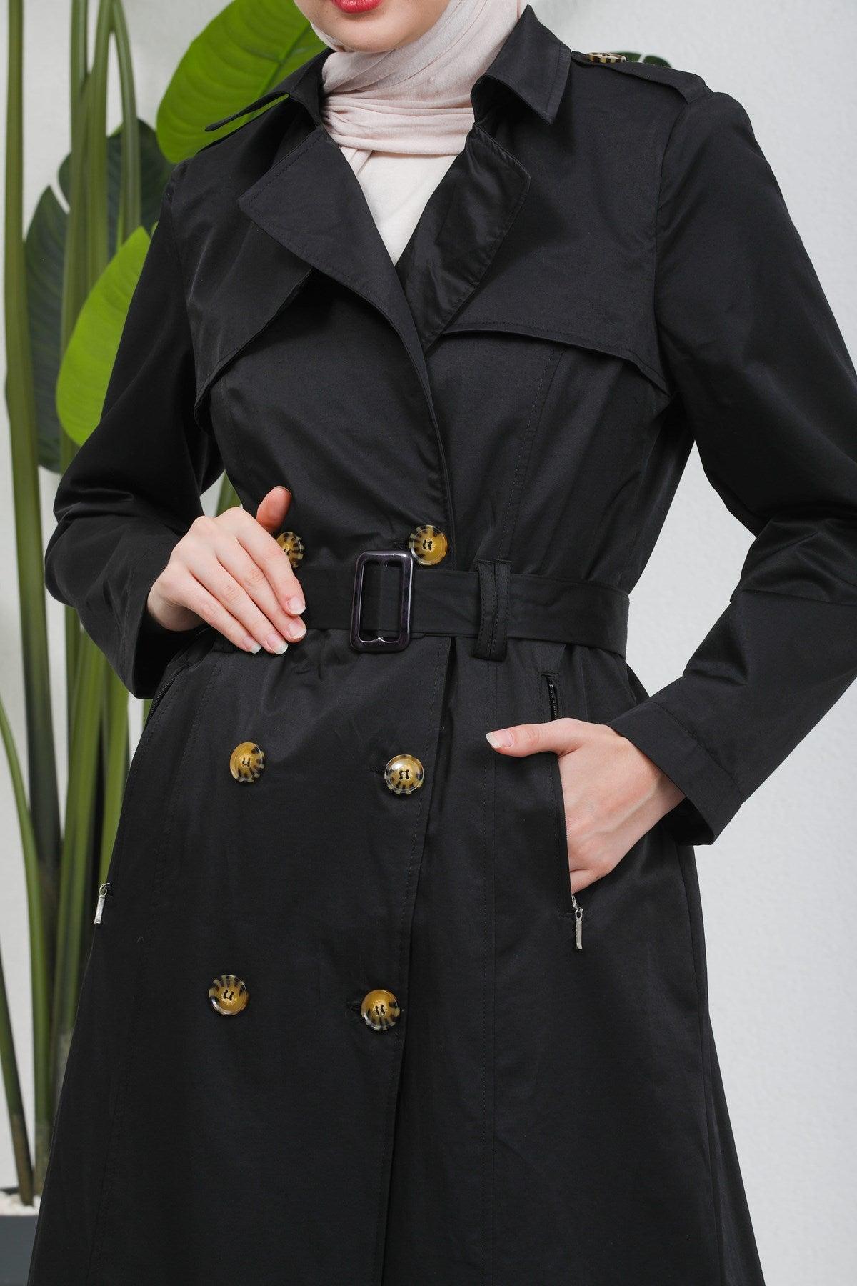 Düğme Detaylı Kuşaklı Trençkot Siyah | 16004-1