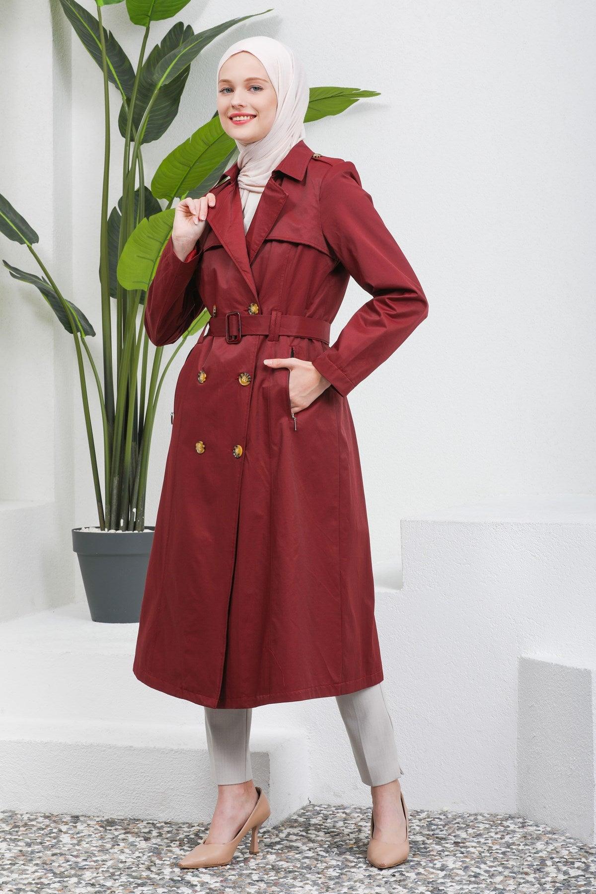 Düğme Detaylı Kuşaklı Trençkot Bordo | 16004-7