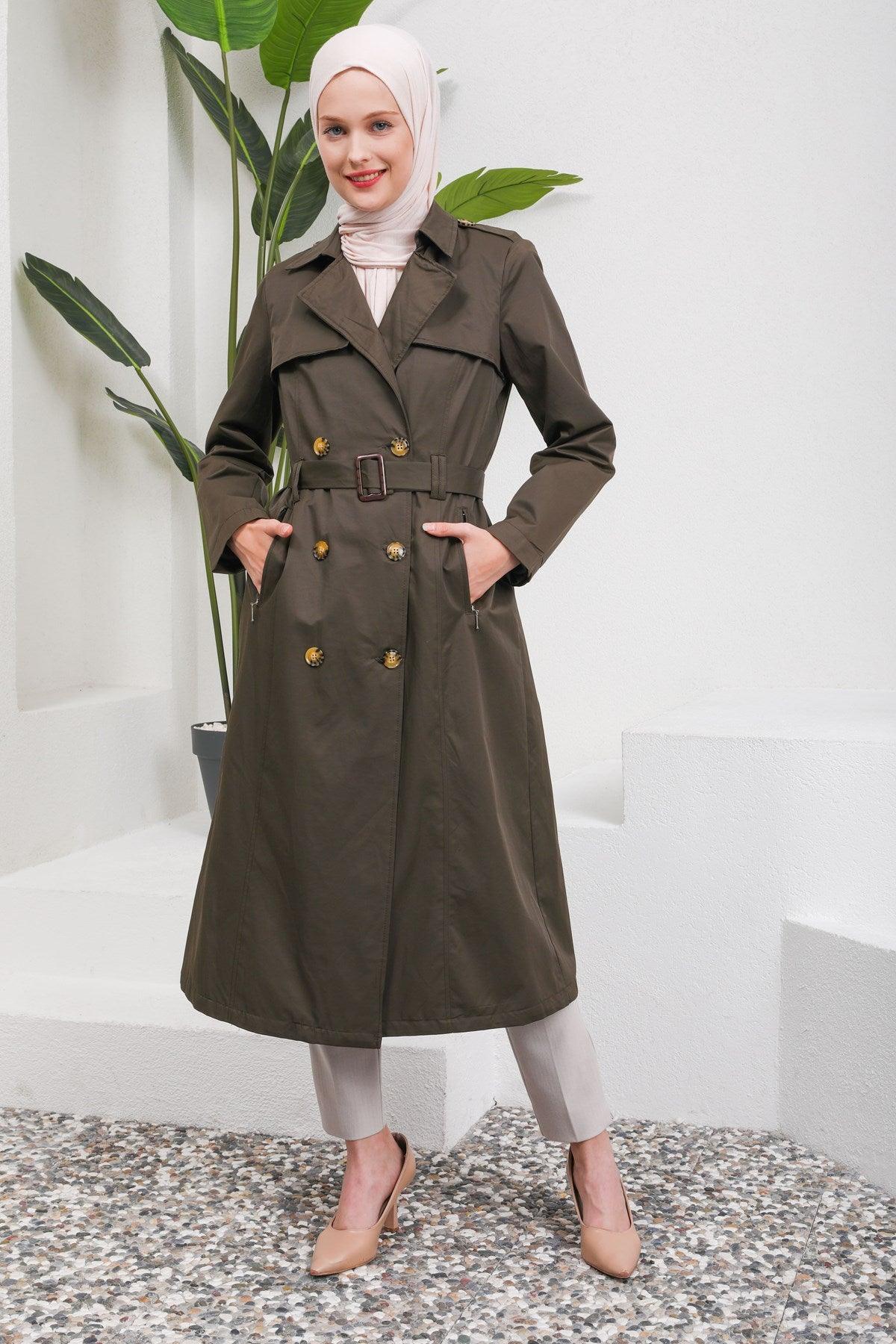 Düğme Detaylı Kuşaklı Trençkot Haki | 16004-9