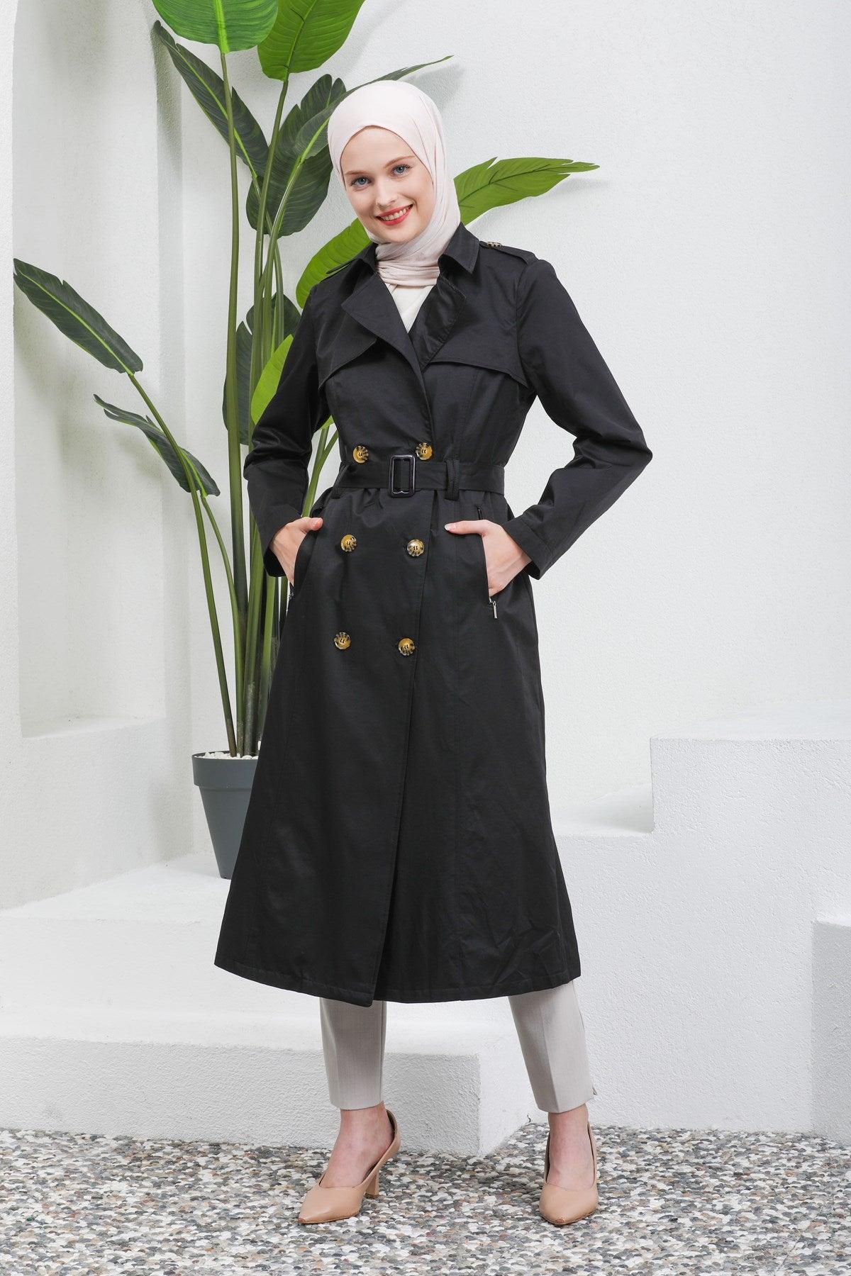 Düğme Detaylı Kuşaklı Trençkot Siyah | 16004-1