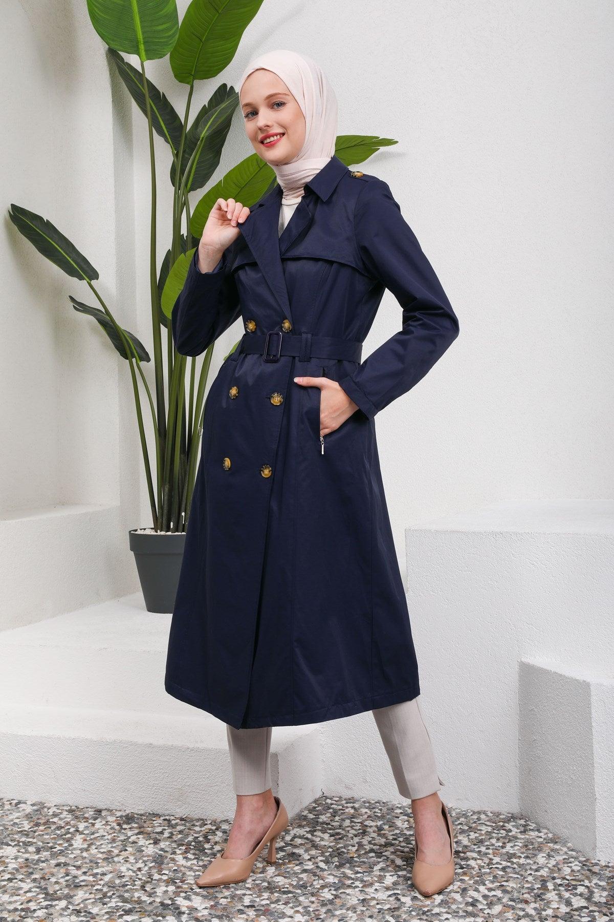 Düğme Detaylı Kuşaklı Trençkot Lacivert | 16004-5