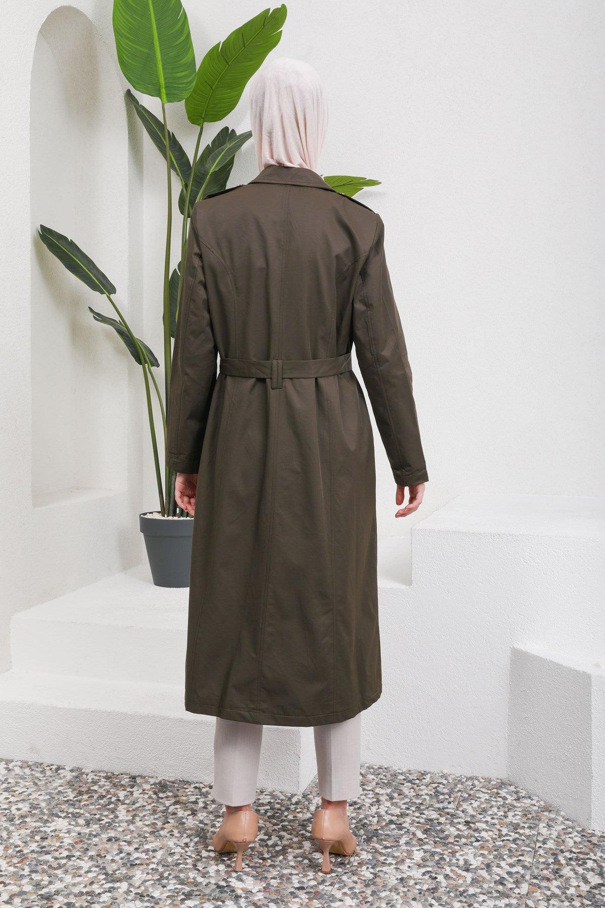 Düğme Detaylı Kuşaklı Trençkot Haki | 16004-9