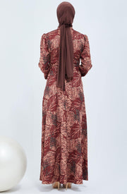 Yaprak Desenli Beli Kuşaklı Tesettür Elbise Kırmızı | 3020-11 - Modalale.com