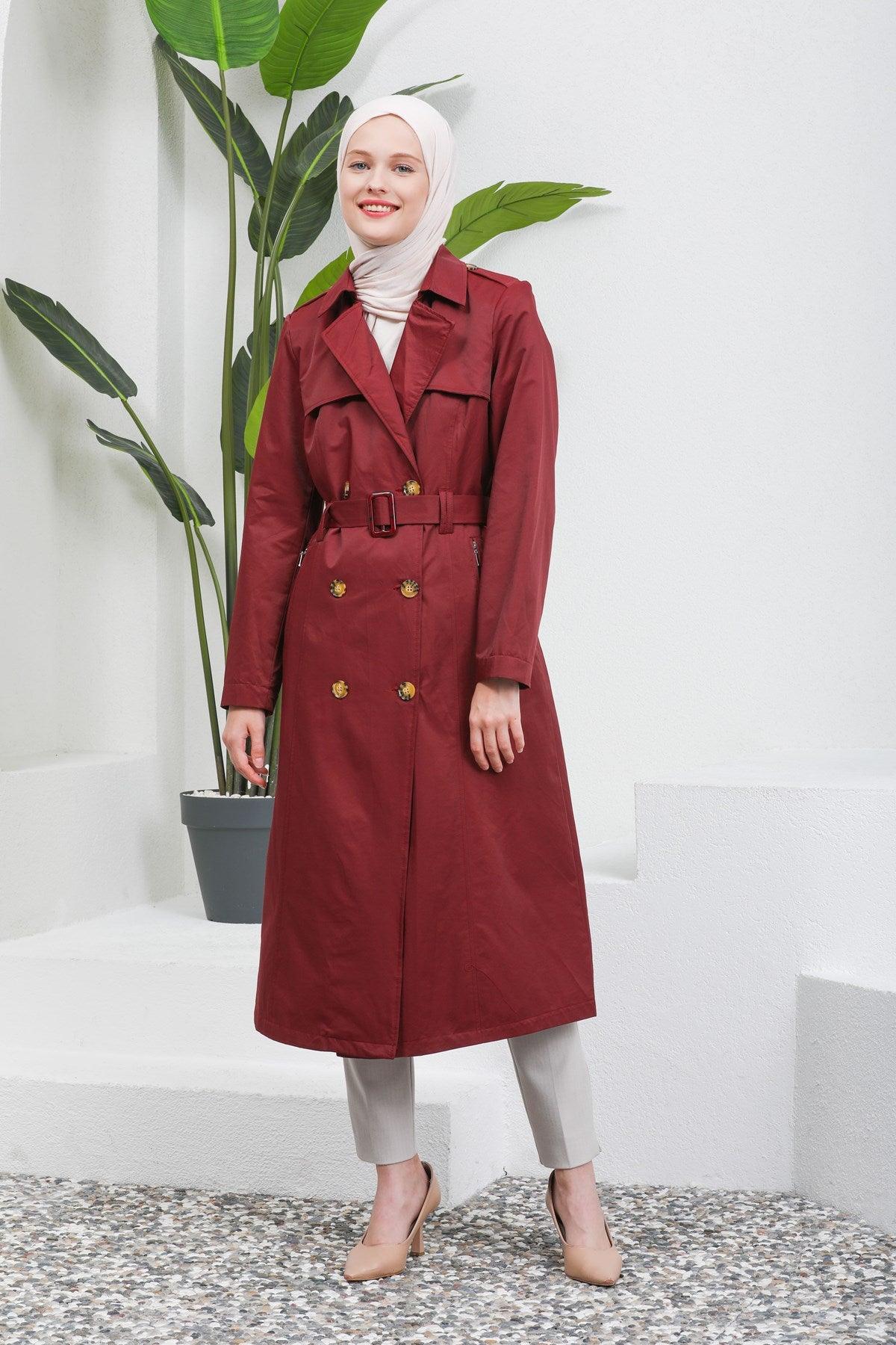 Düğme Detaylı Kuşaklı Trençkot Bordo | 16004-7