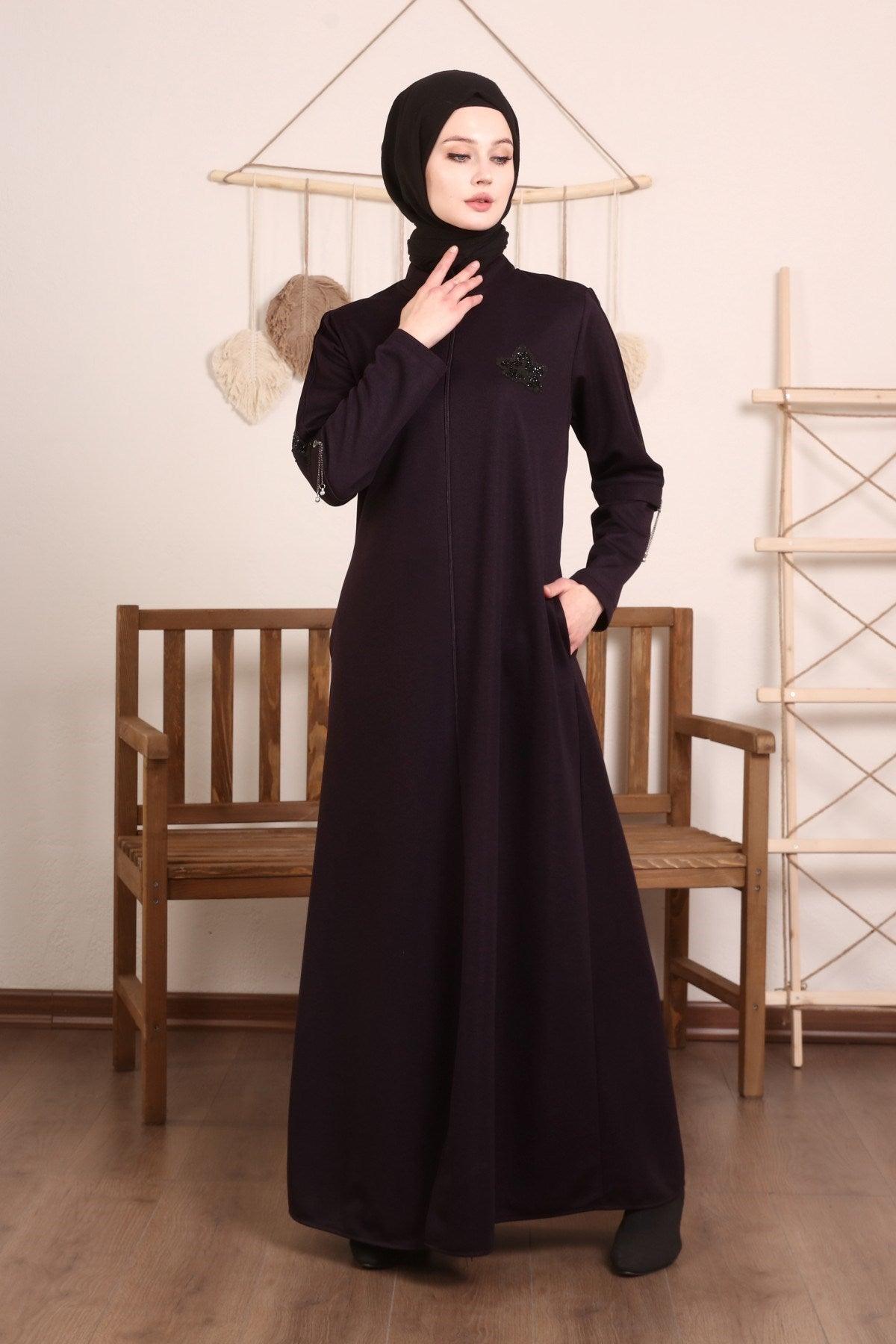 Yaprak Desenli Kışlık Ferace Mürdüm | K2076-8