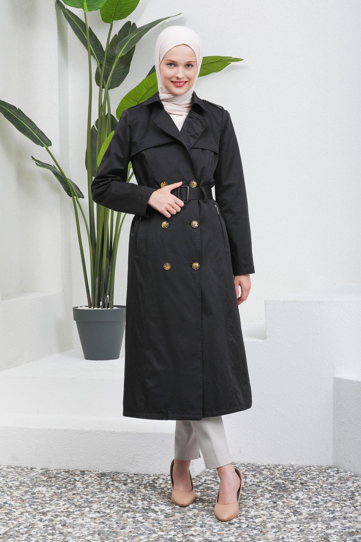 Düğme Detaylı Kuşaklı Trençkot Siyah | 16004-1