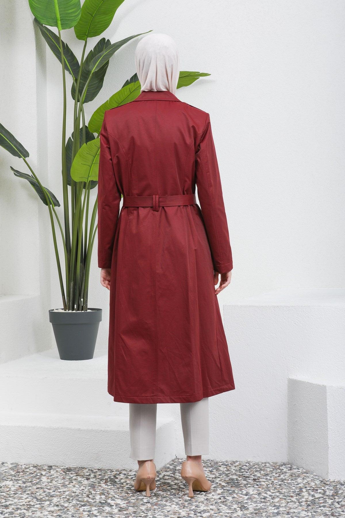 Düğme Detaylı Kuşaklı Trençkot Bordo | 16004-7