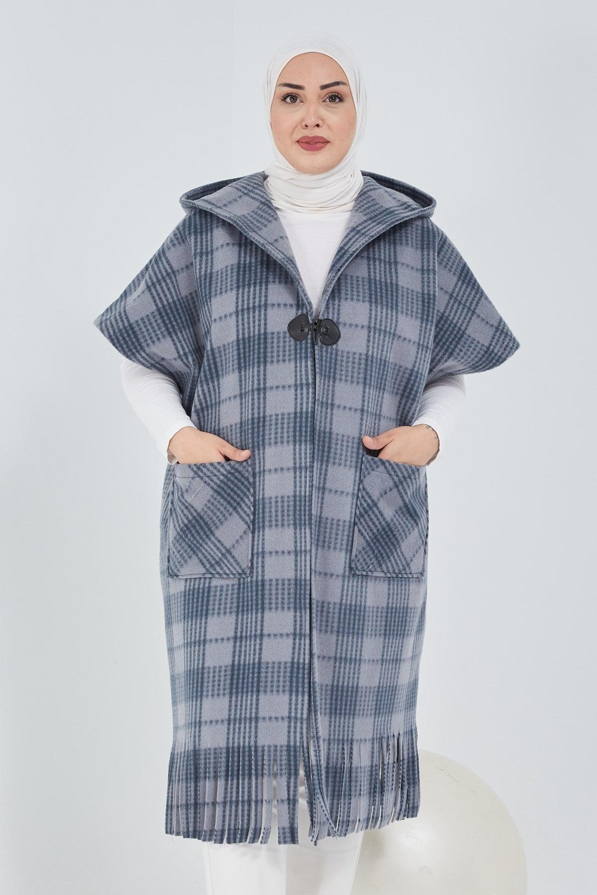 Standart Kalıp Ekoseli Panço Gri|  9013-24