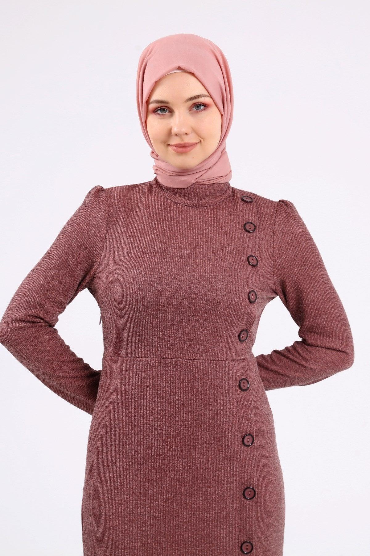 Düğme Detaylı Tesettür Elbise Pembe | K3023-3