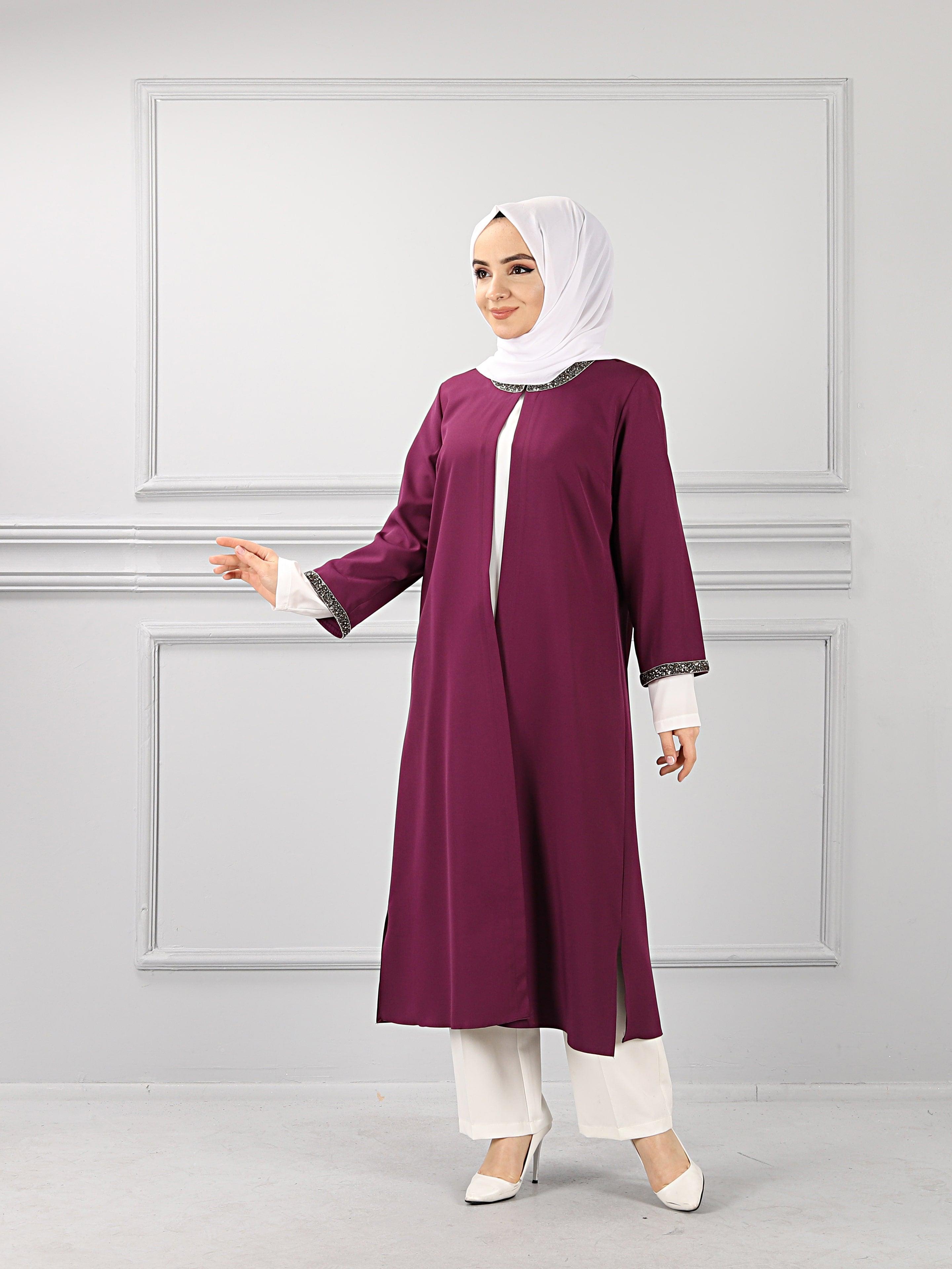 Kolları Şerit Taşlı Tunik Gömlek Takım Mor | 11006