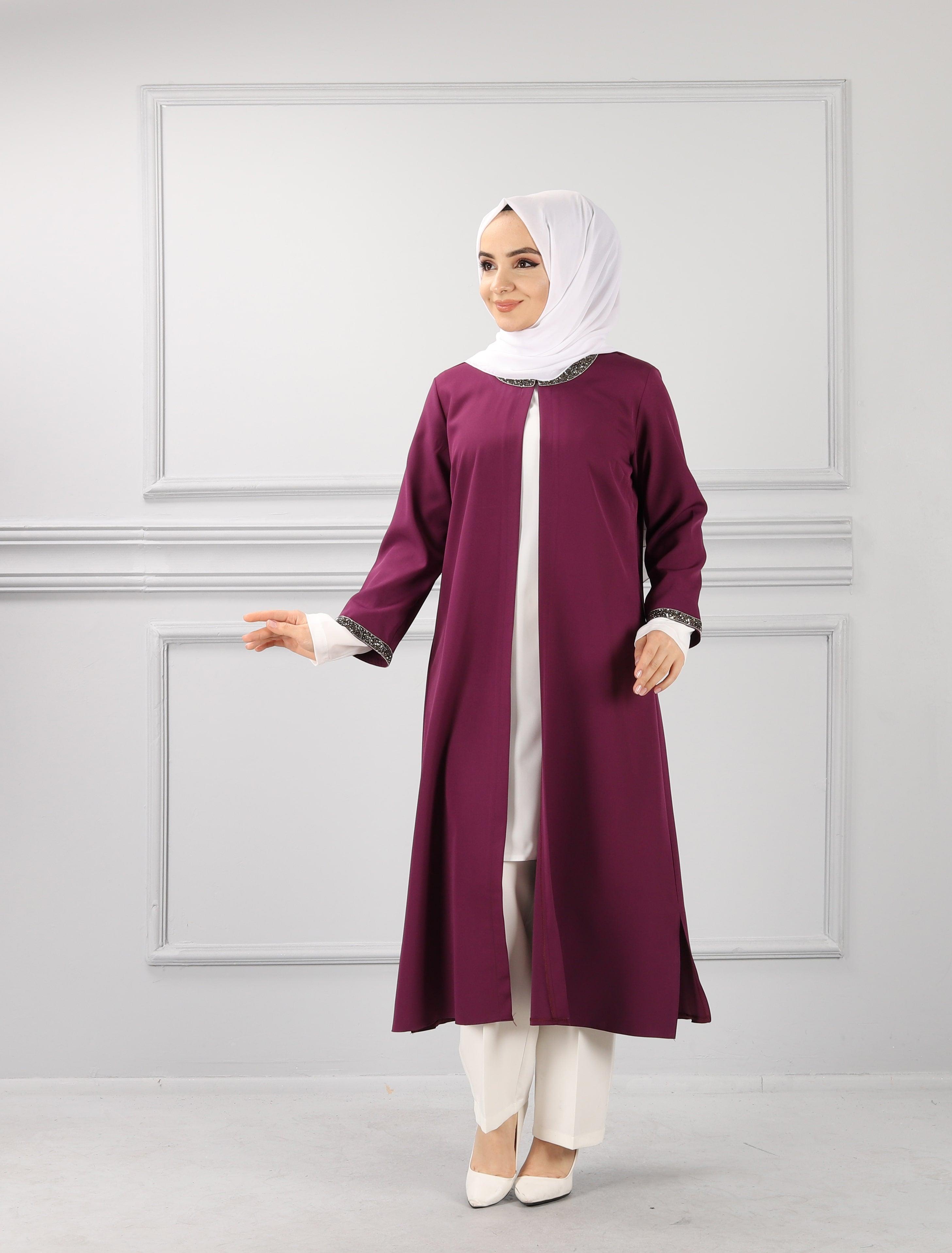 Kolları Şerit Taşlı Tunik Gömlek Takım Mor | 11006