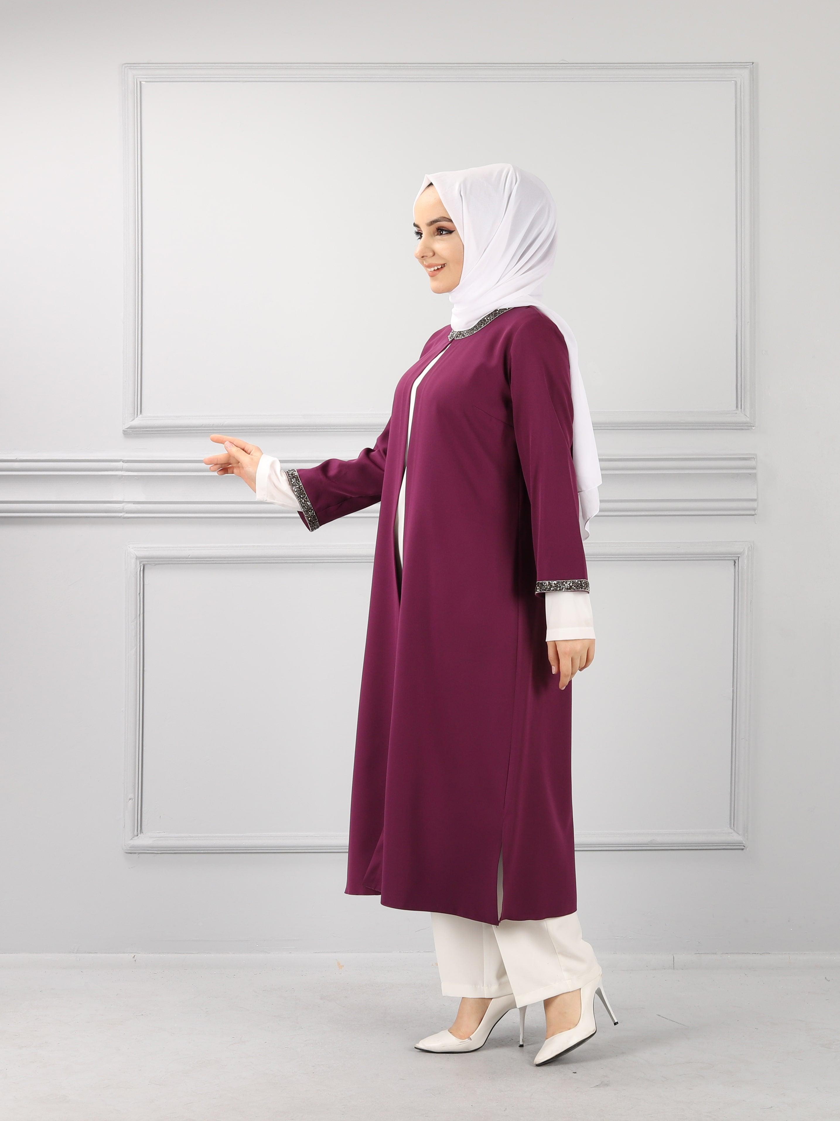 Kolları Şerit Taşlı Tunik Gömlek Takım Mor | 11006