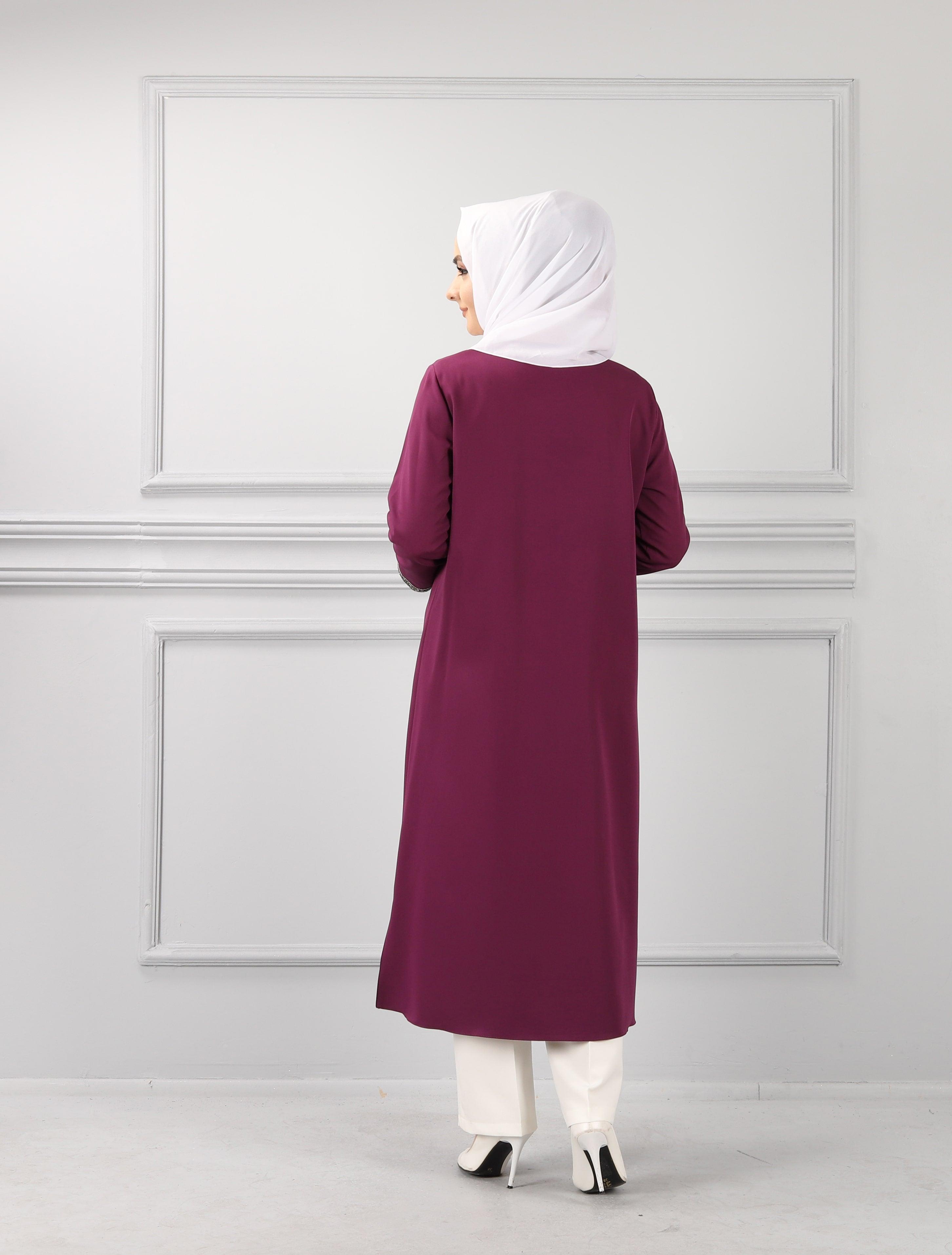 Kolları Şerit Taşlı Tunik Gömlek Takım Mor | 11006