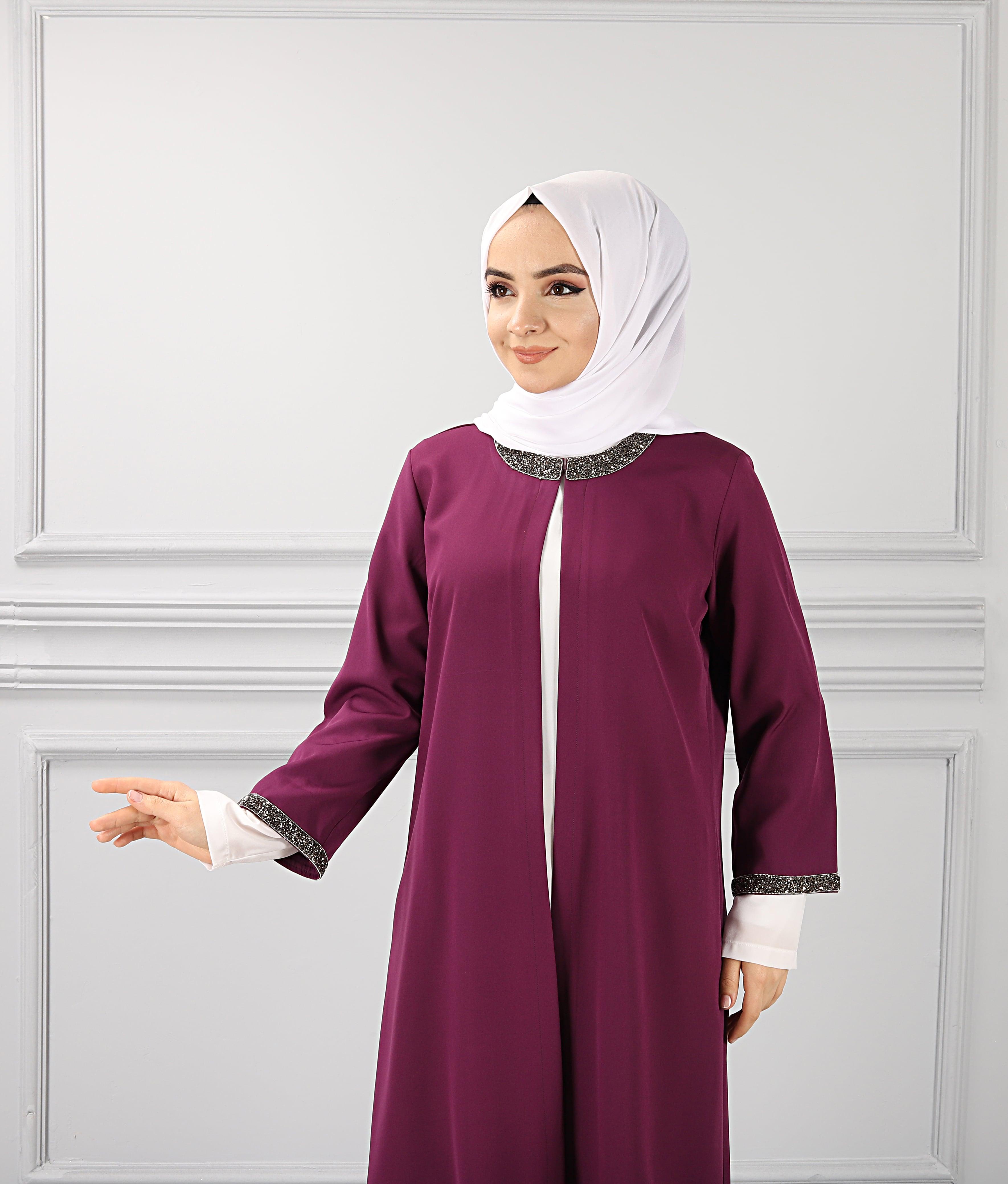 Kolları Şerit Taşlı Tunik Gömlek Takım Mor | 11006