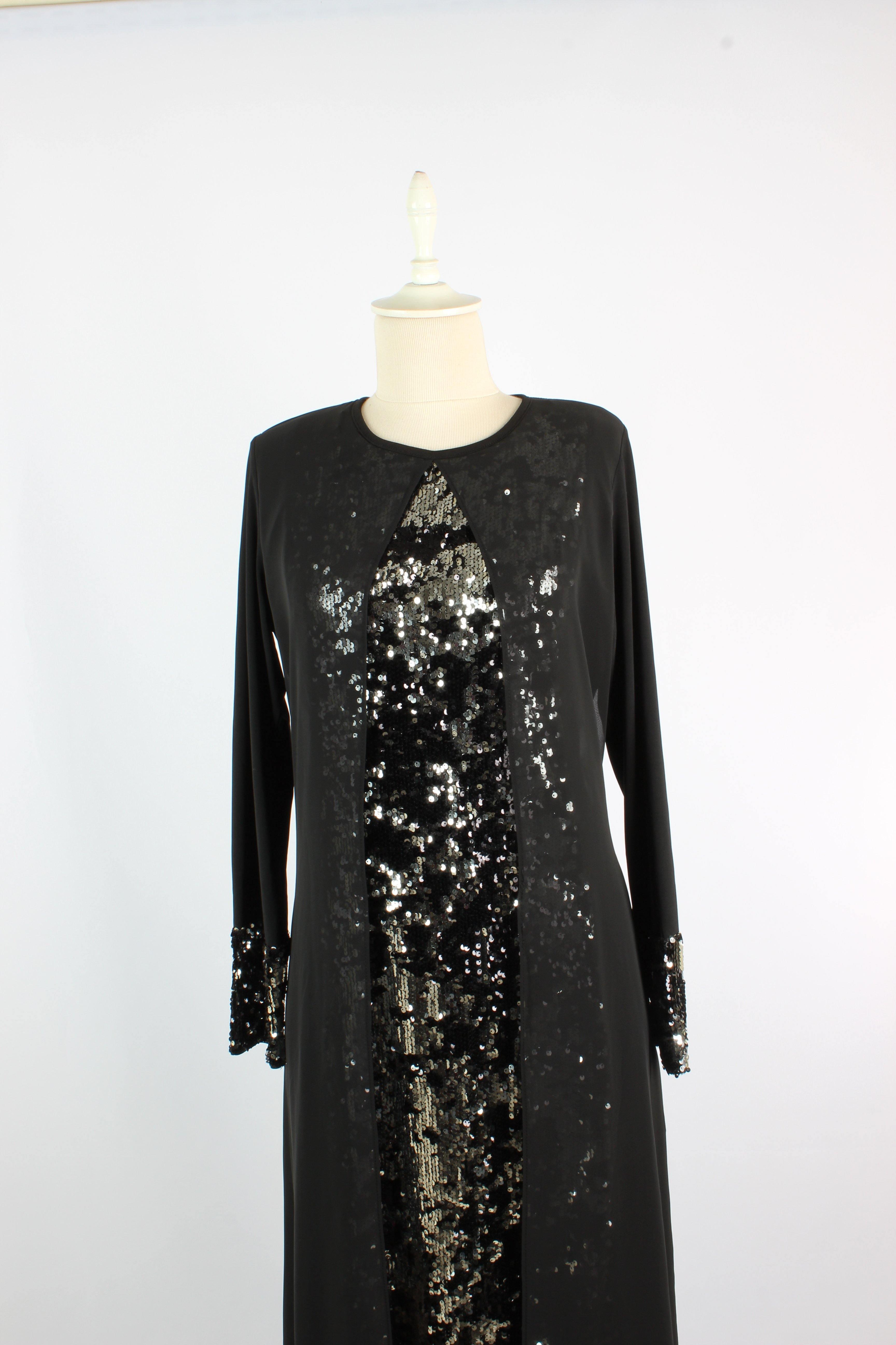 Önü Şifonlu Pulpayet Detaylı Büyük Beden Abiye Elbise Siyah | 8009PUL-1 - Modalale.com