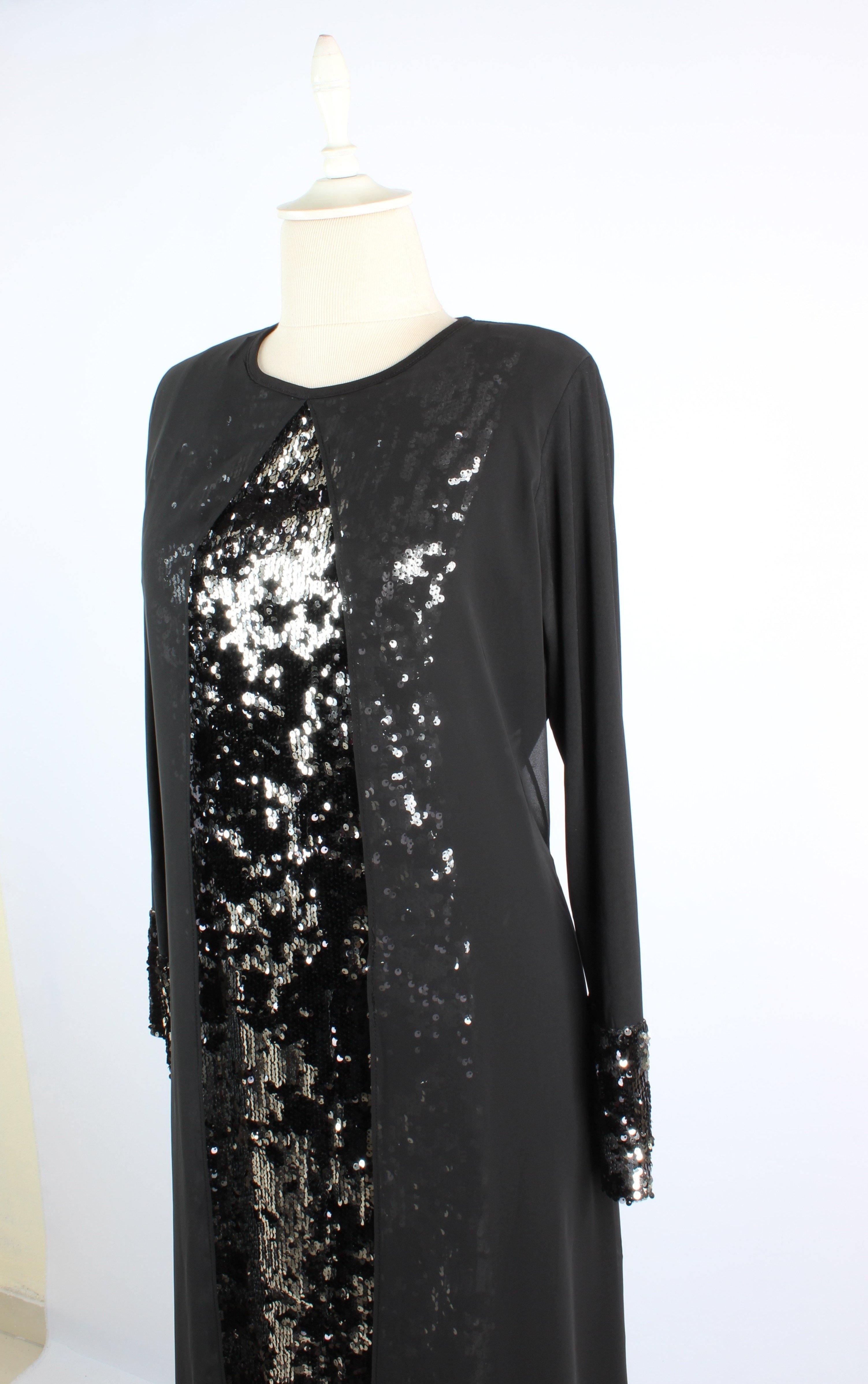 Önü Şifonlu Pulpayet Detaylı Büyük Beden Abiye Elbise Siyah | 8009PUL-1 - Modalale.com