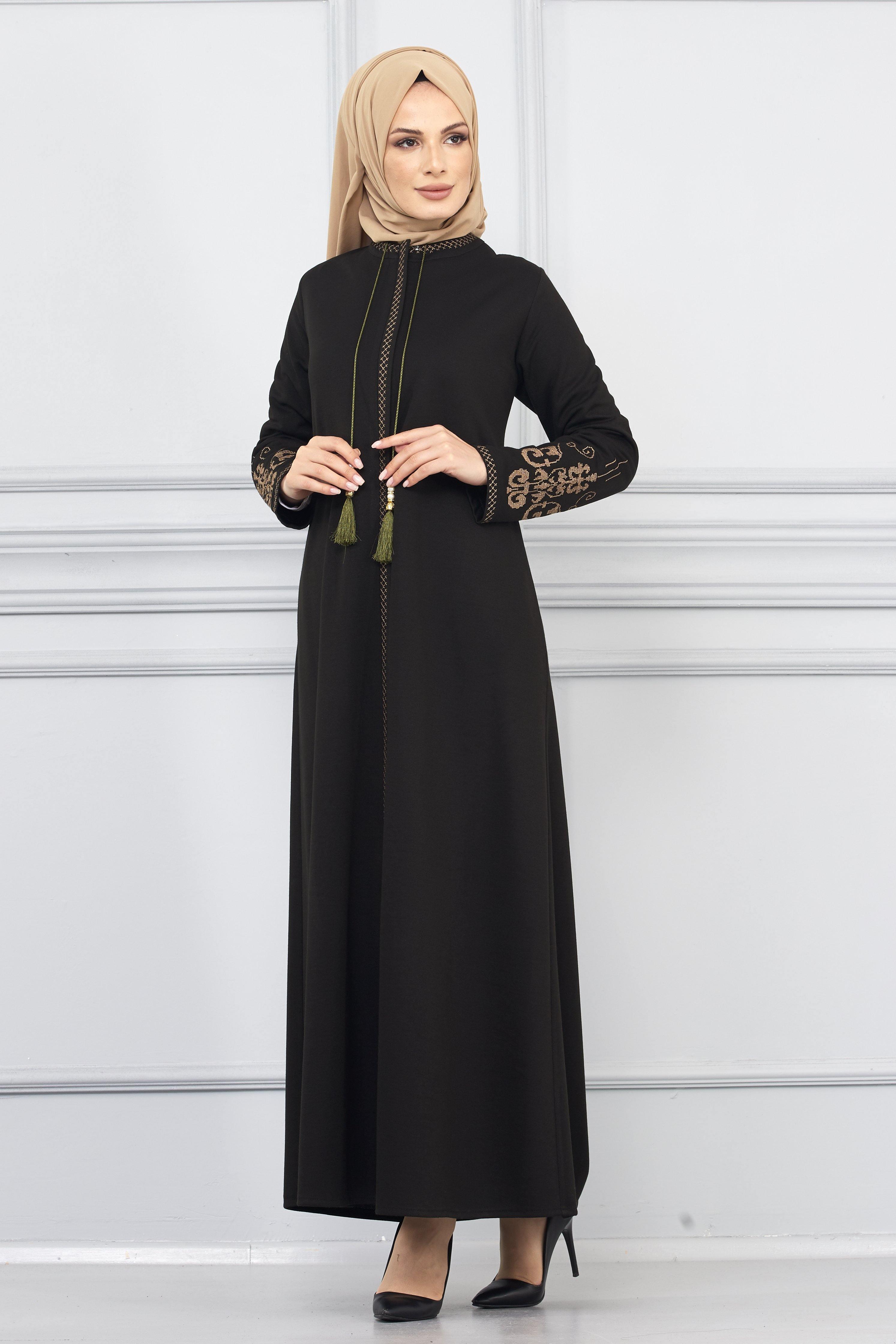 Etamin Nakışlı Kışlık Ferace Haki | 2002 K-9 - MODALALE