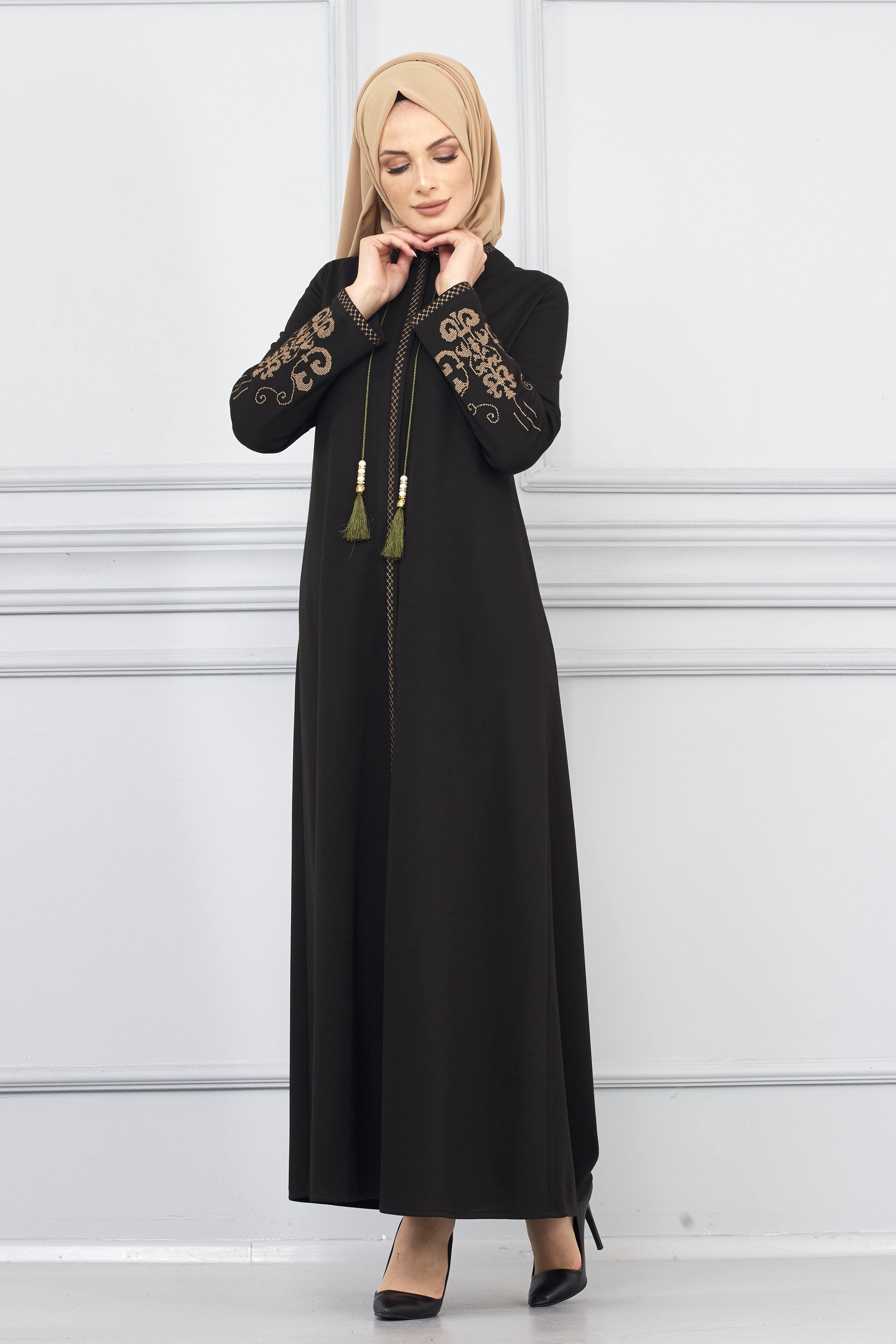 Etamin Nakışlı Kışlık Ferace Haki | 2002 K-9 - MODALALE