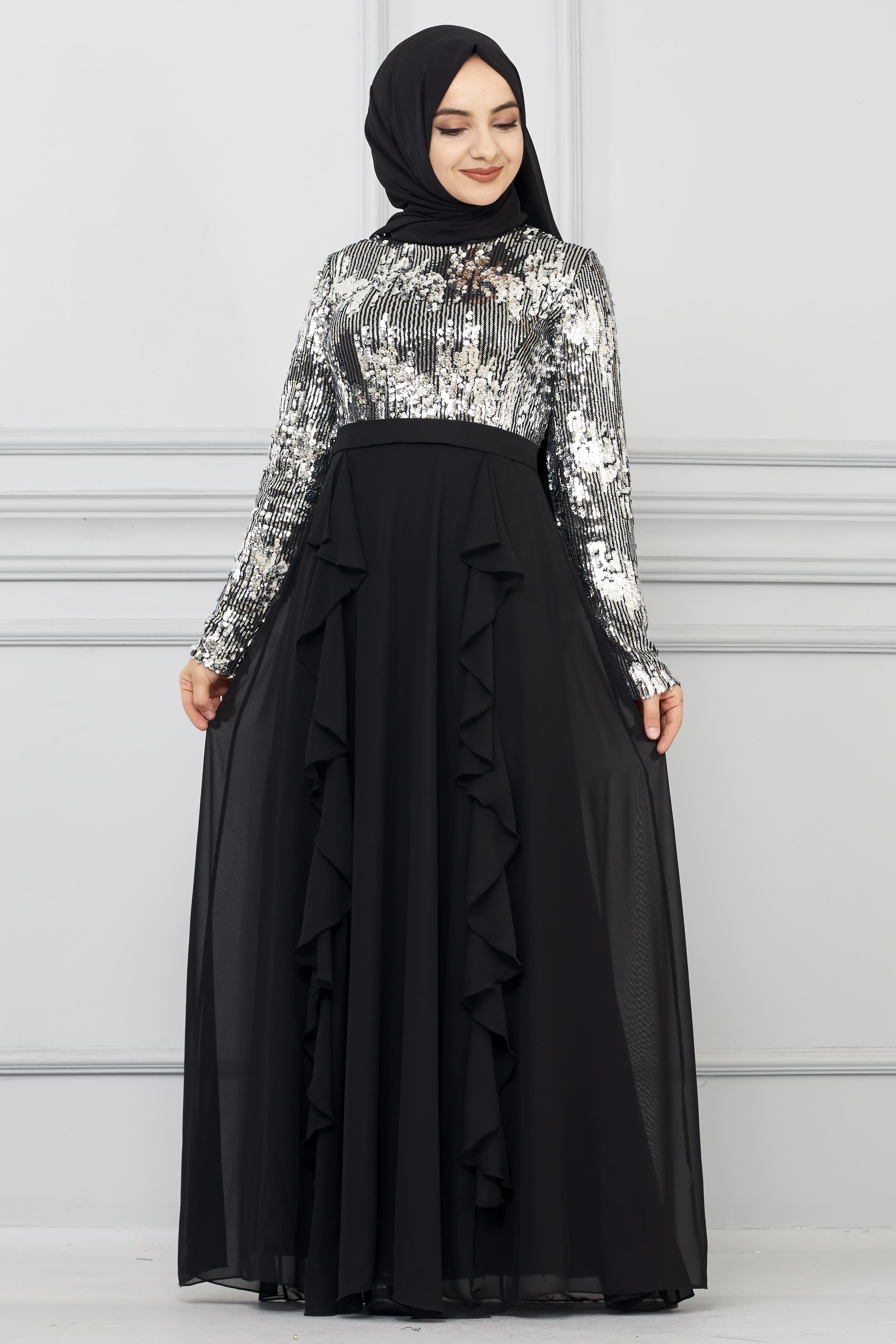 Üstü Pul Payet Altı Şifon Detaylı Abiye | 7019