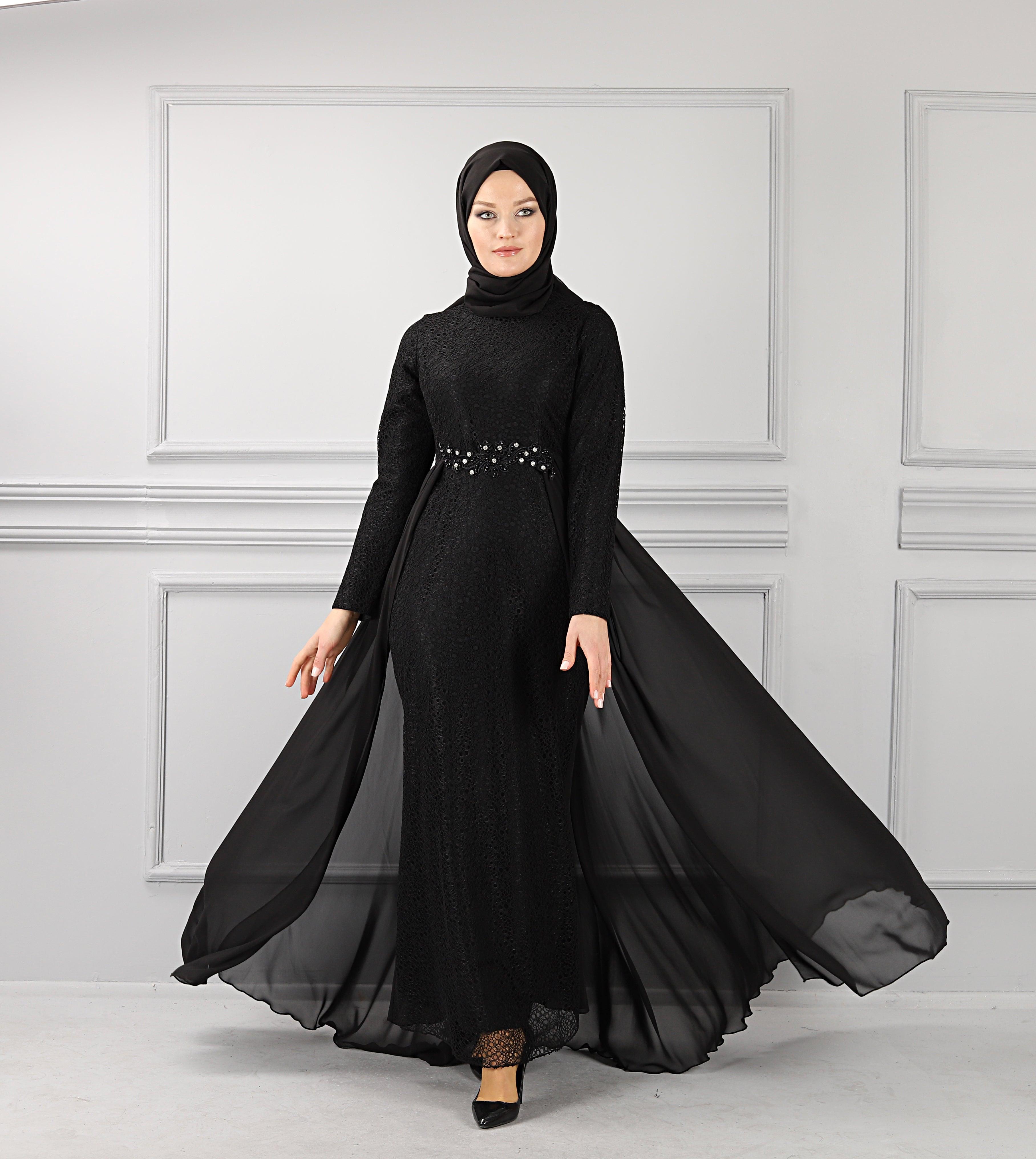 Beli Taş Detaylı Dantel Abiye Siyah | 70171