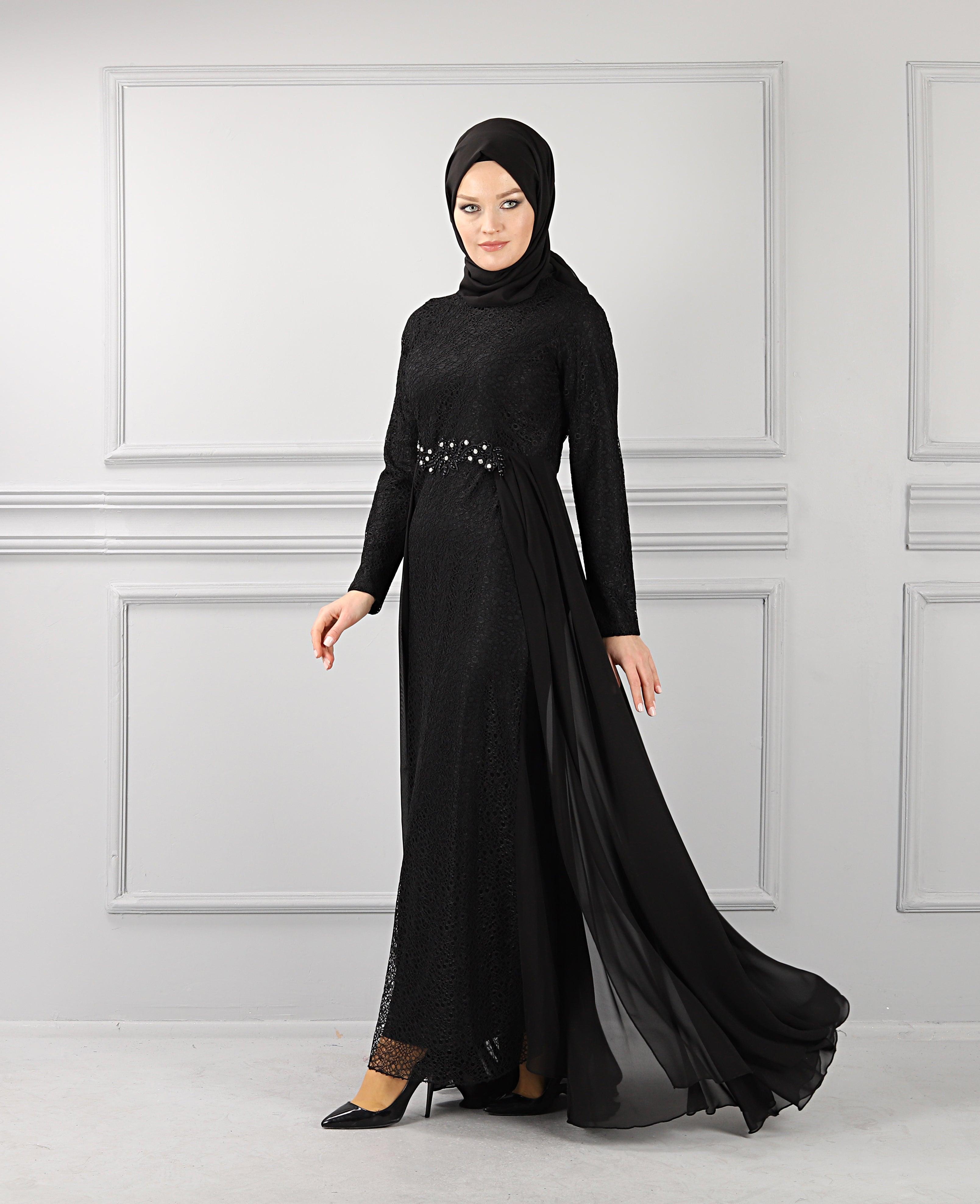 Beli Taş Detaylı Dantel Abiye Siyah | 70171