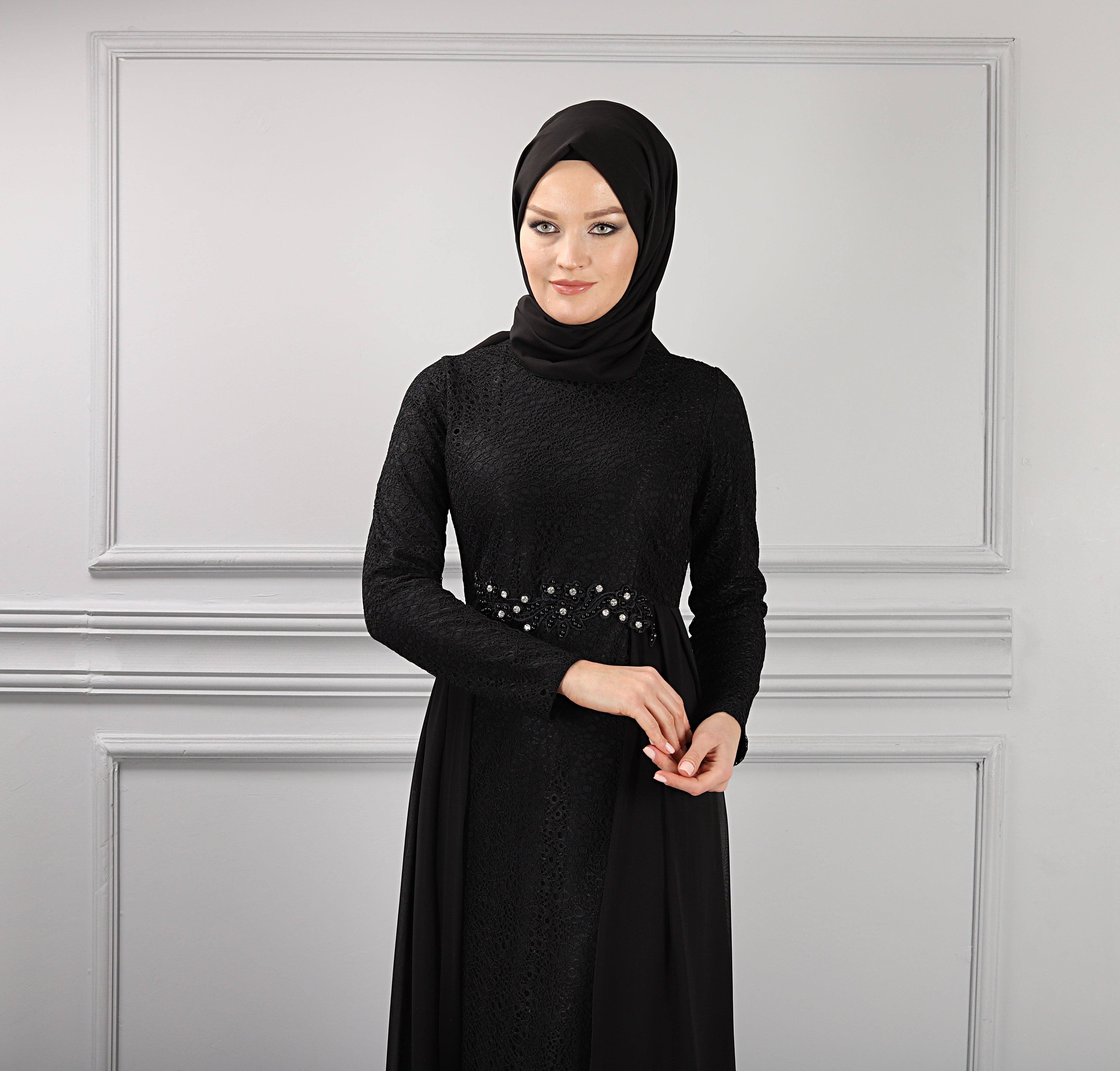 Beli Taş Detaylı Dantel Abiye Siyah | 70171