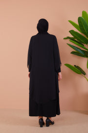 Önü ve Arkası Şifonlu Taş Detaylı Büyük Beden Sendi Elbise Siyah | 8013-2-1