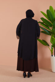 Önü ve Arkası Şifonlu Taş Detaylı Büyük Beden Sendi Elbise Kahverengi | 8013-2-42