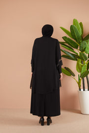 Önü ve Arkası Şifonlu Taş Detaylı Büyük Beden Sendi Elbise Siyah | 8013-1-1