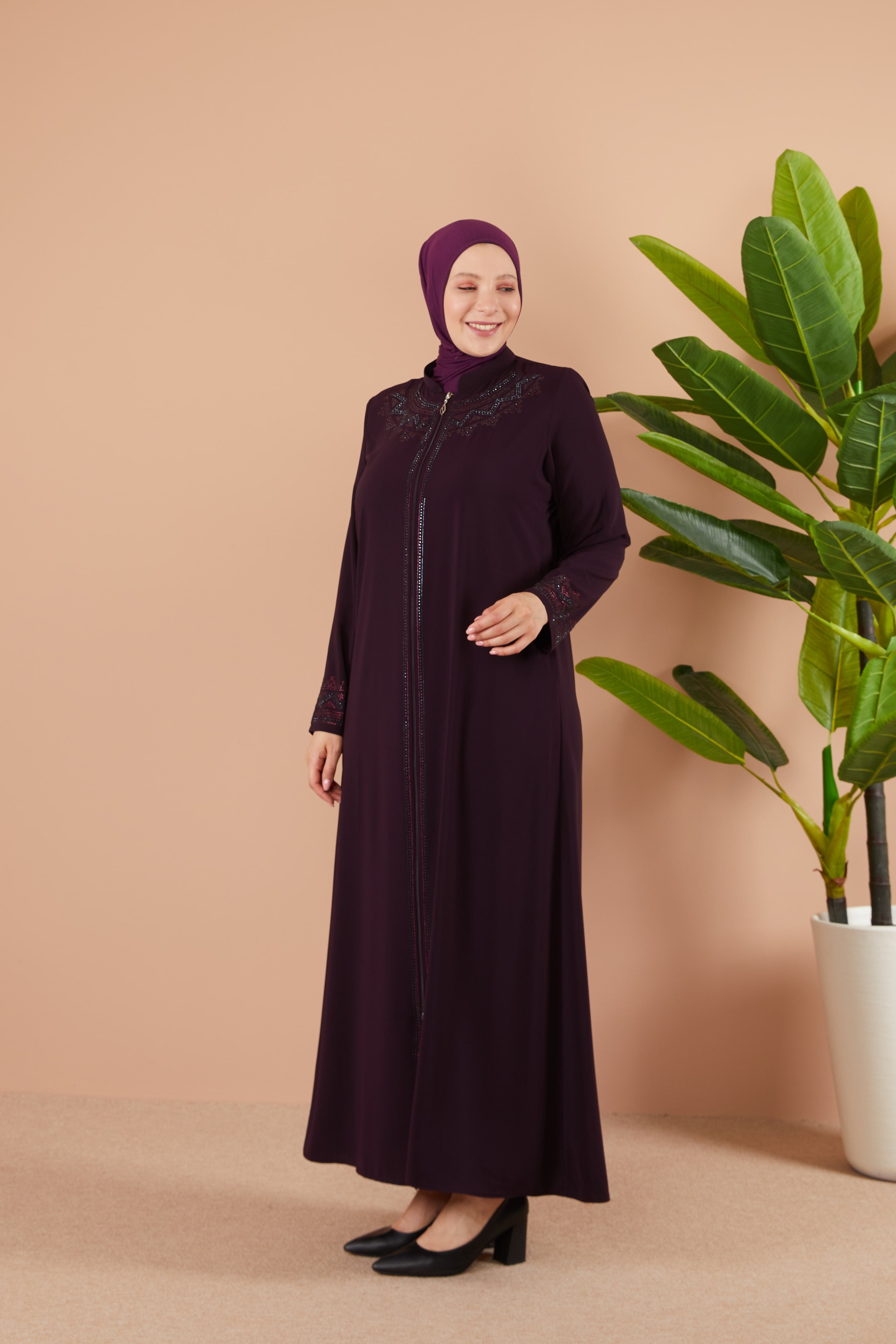 Taş İşlemeli Büyük Beden Ferace Mürdüm | 206358