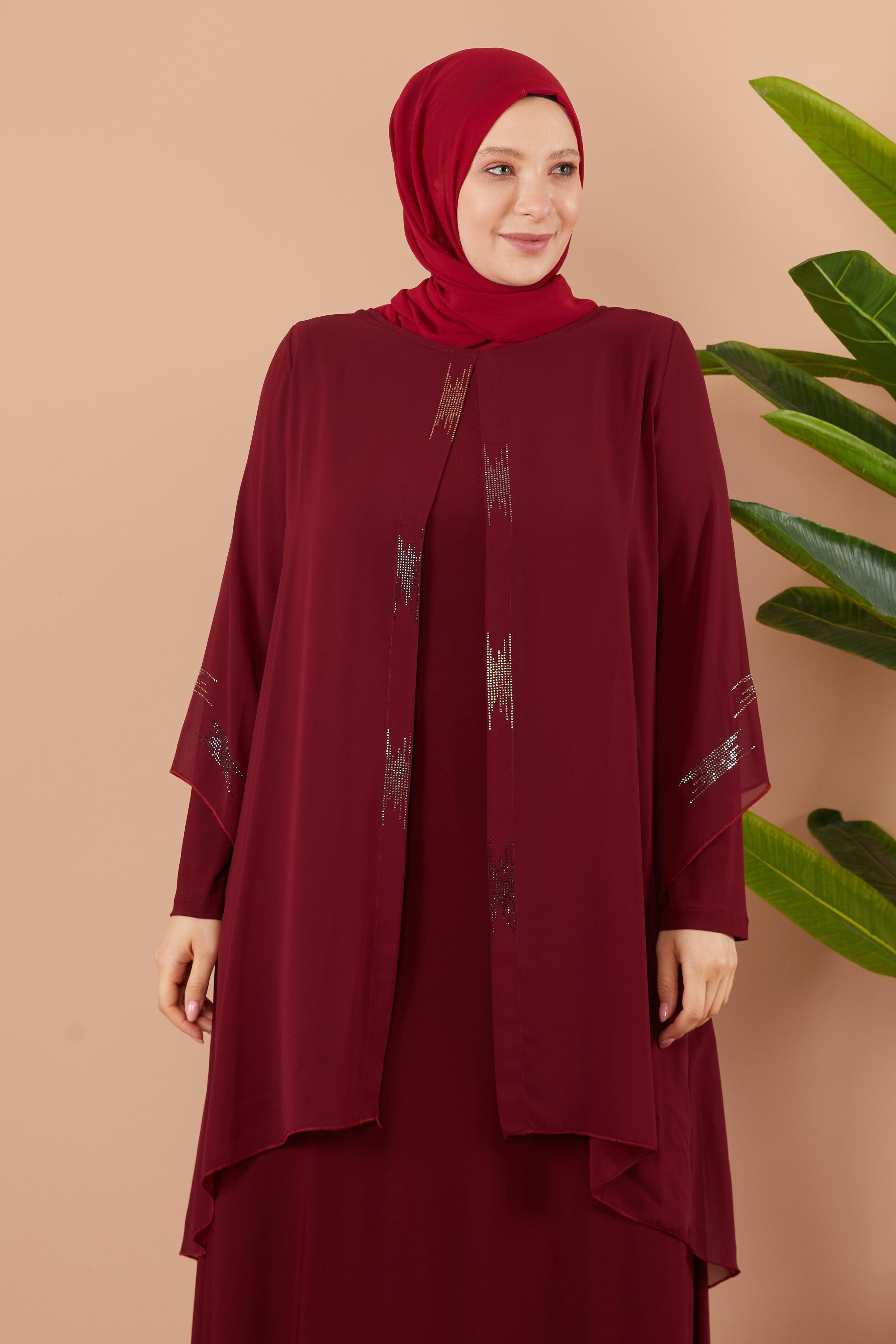 Önü ve Arkası Şifonlu Taş Detaylı Büyük Beden Sendi Elbise Bordo | 801317