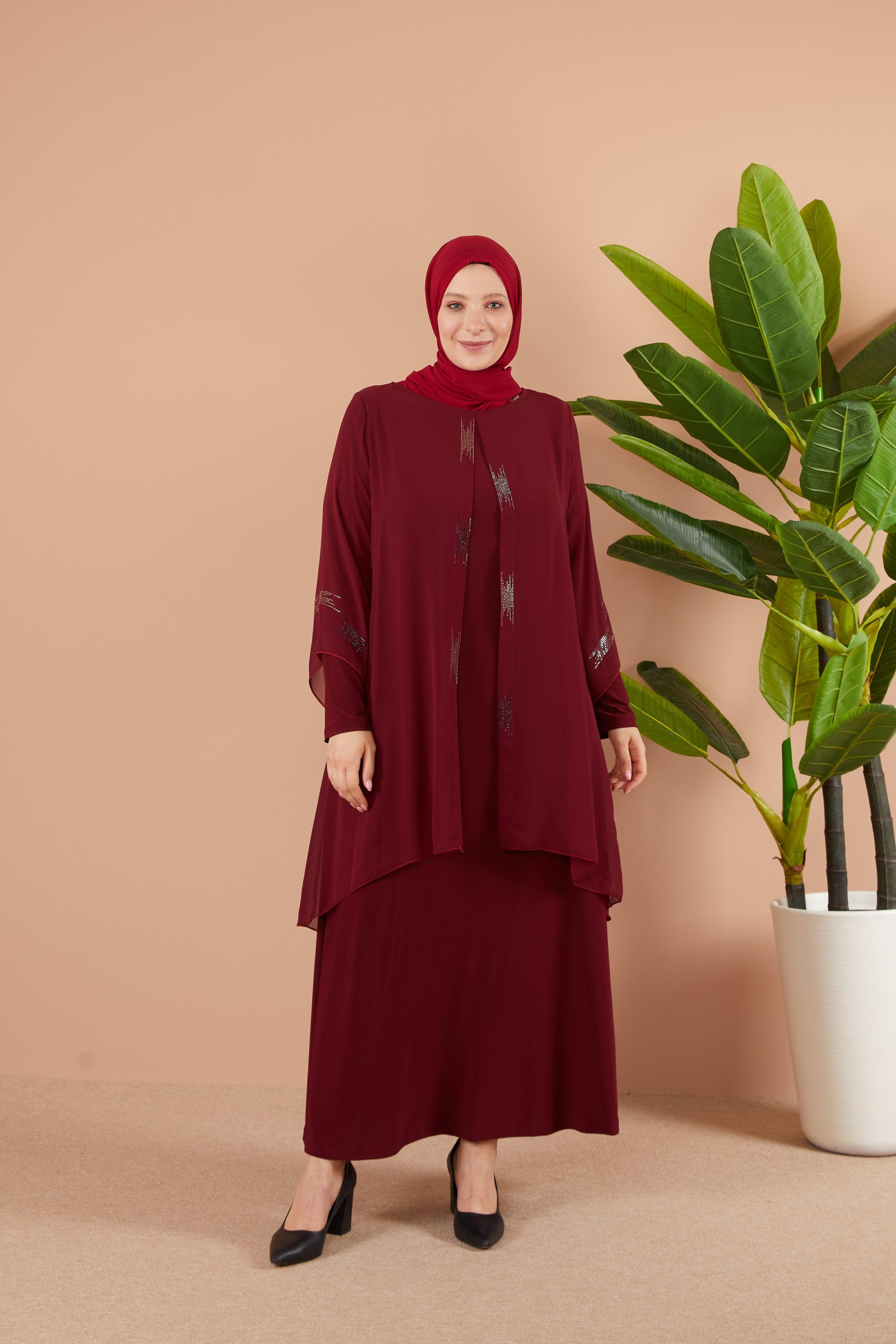 Önü ve Arkası Şifonlu Taş Detaylı Büyük Beden Sendi Elbise Bordo | 801317